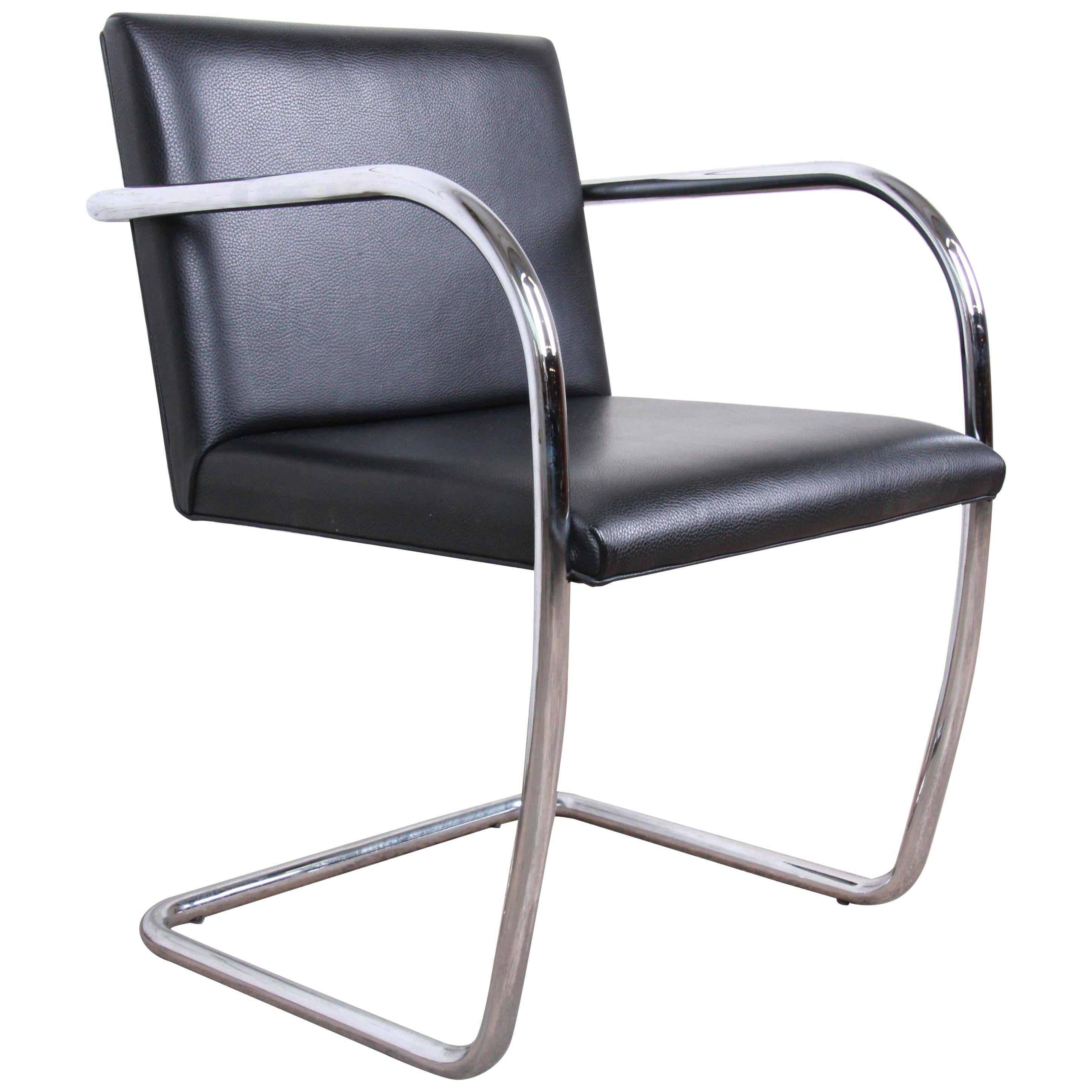 Mies van der Rohe Black Leather and Chrome Brno Chair, Four Available