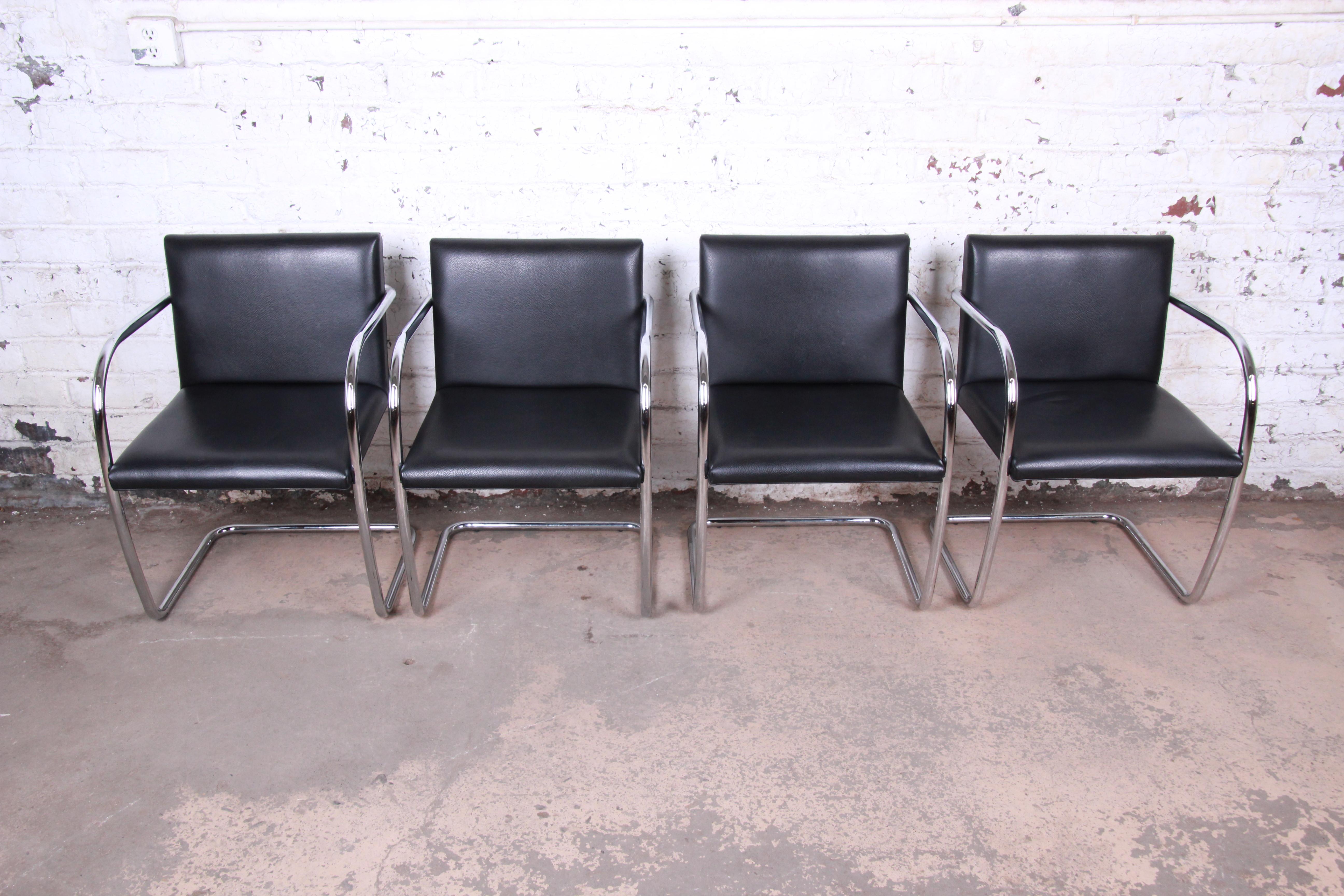 Mid-Century Modern Mies van der Rohe Black Leather and Chrome Brno Chairs, Made in Italy