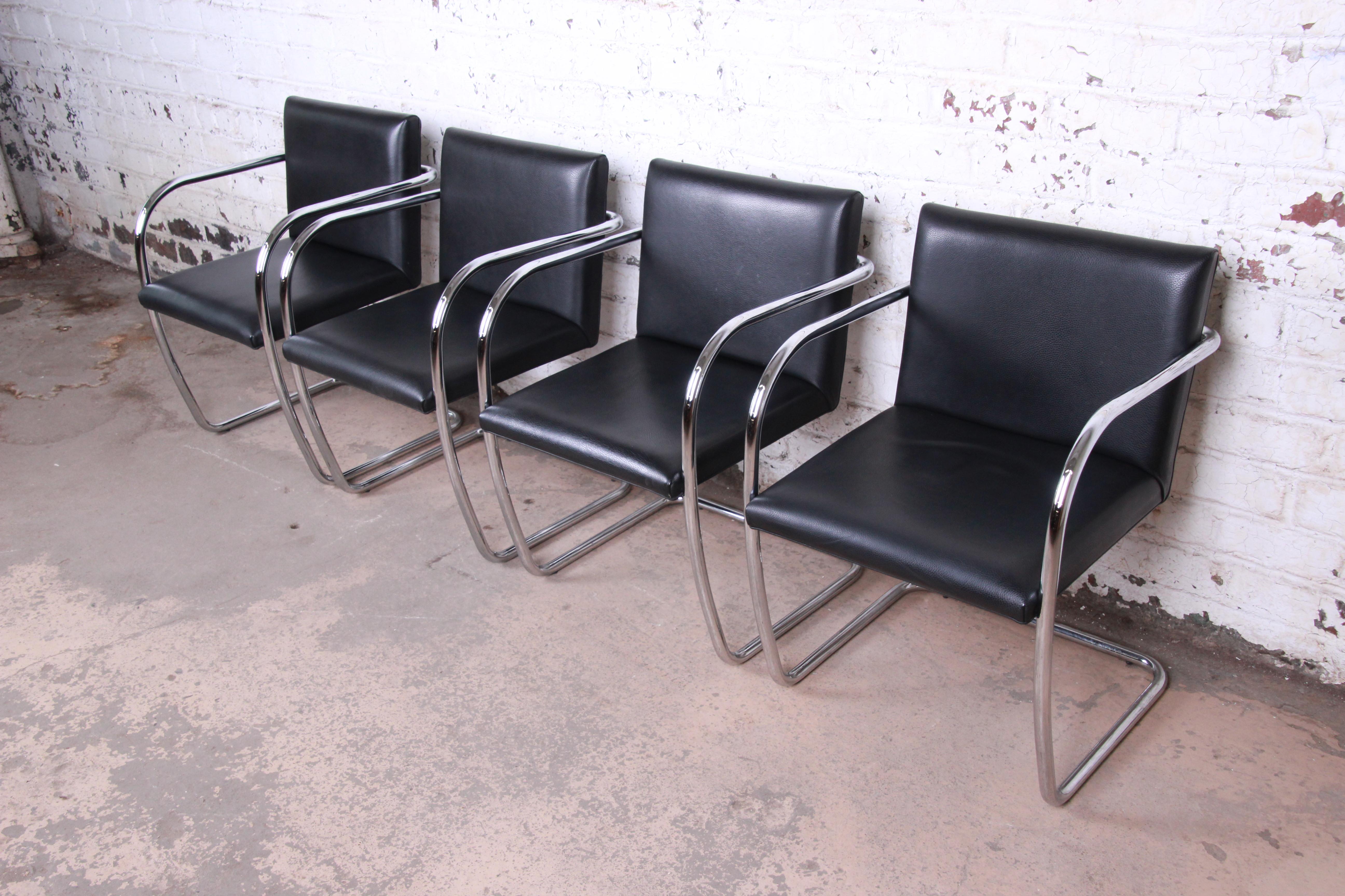 Italian Mies van der Rohe Black Leather and Chrome Brno Chairs, Made in Italy