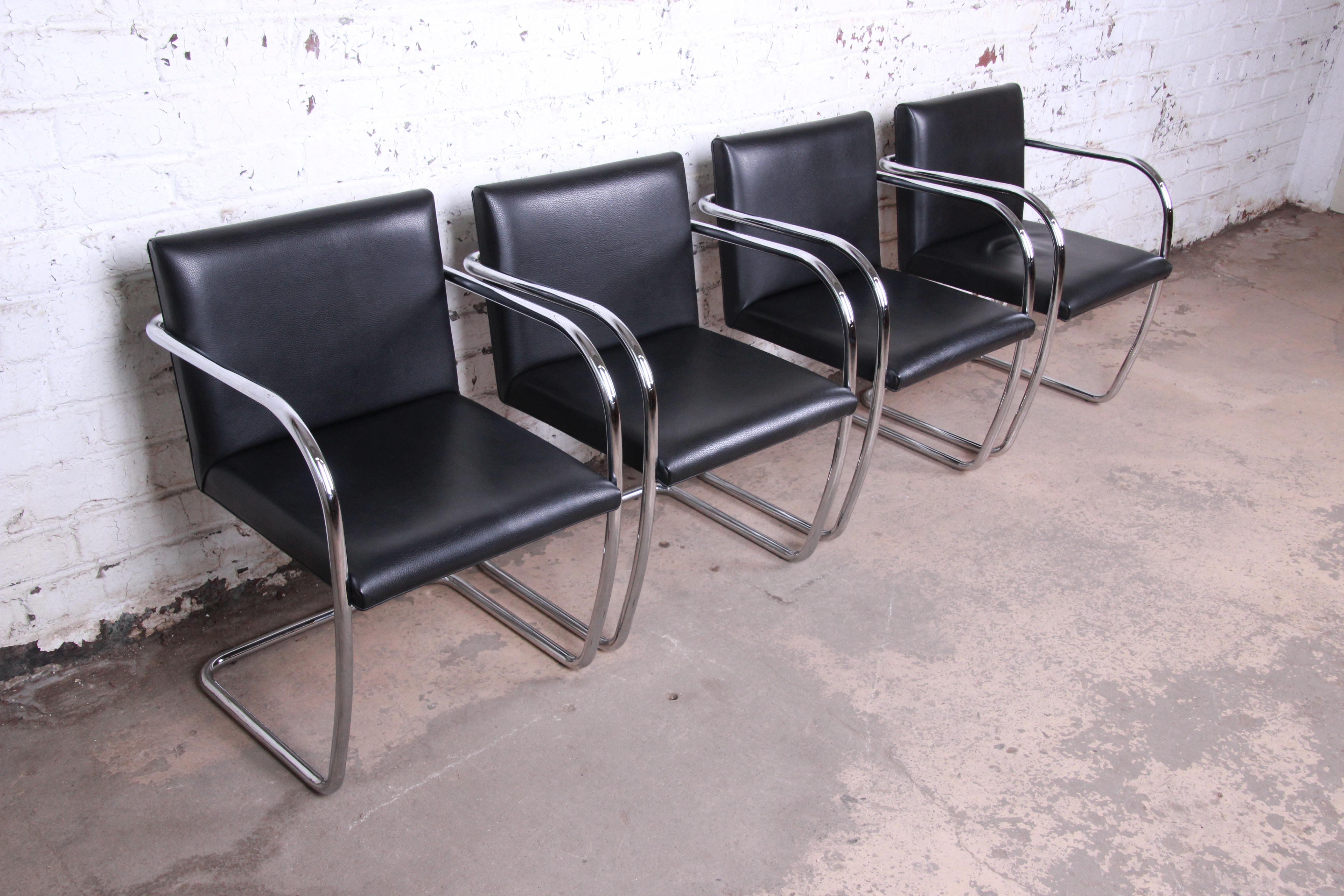 Mies van der Rohe Black Leather and Chrome Brno Chairs, Made in Italy In Good Condition In South Bend, IN