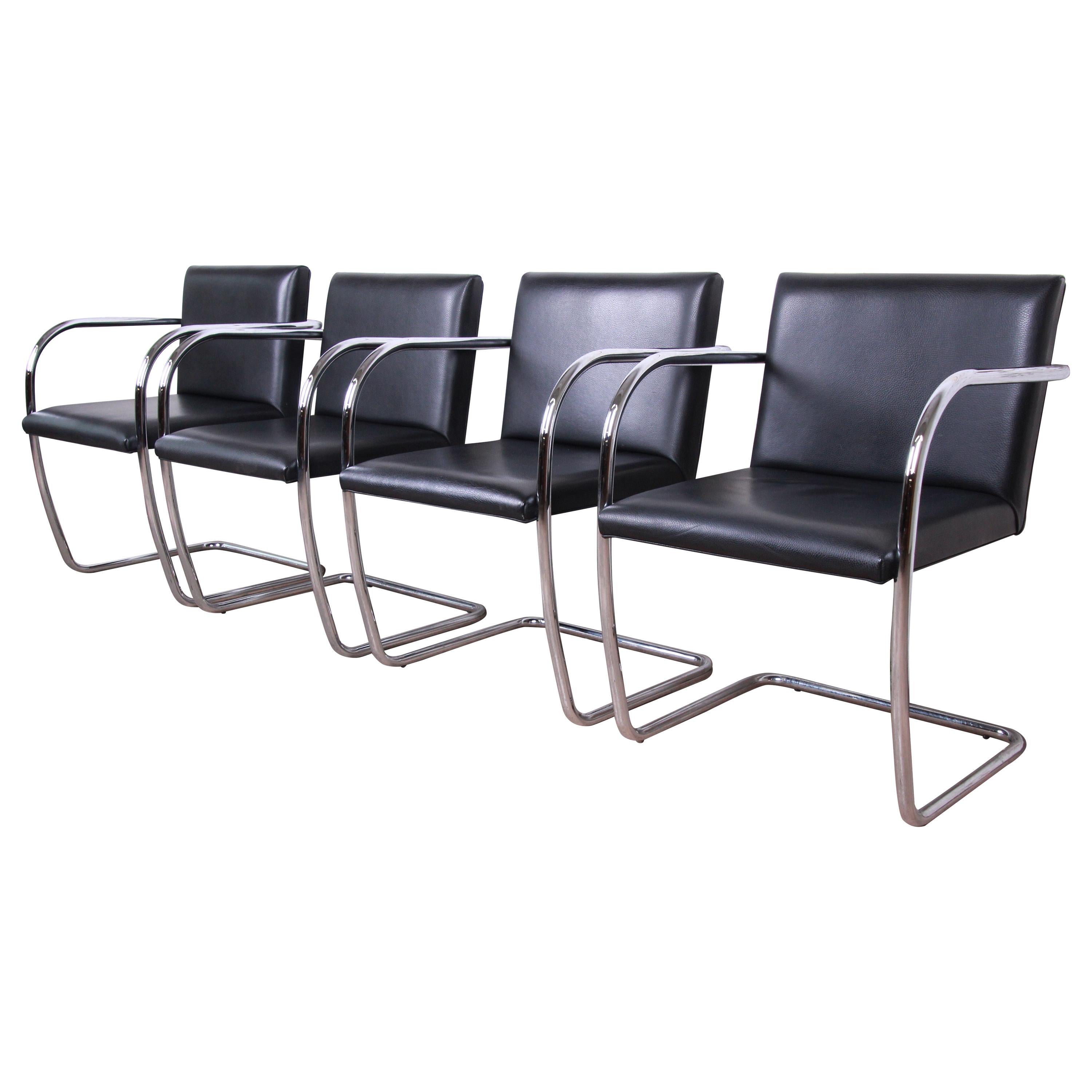 Mies van der Rohe Black Leather and Chrome Brno Chairs, Made in Italy