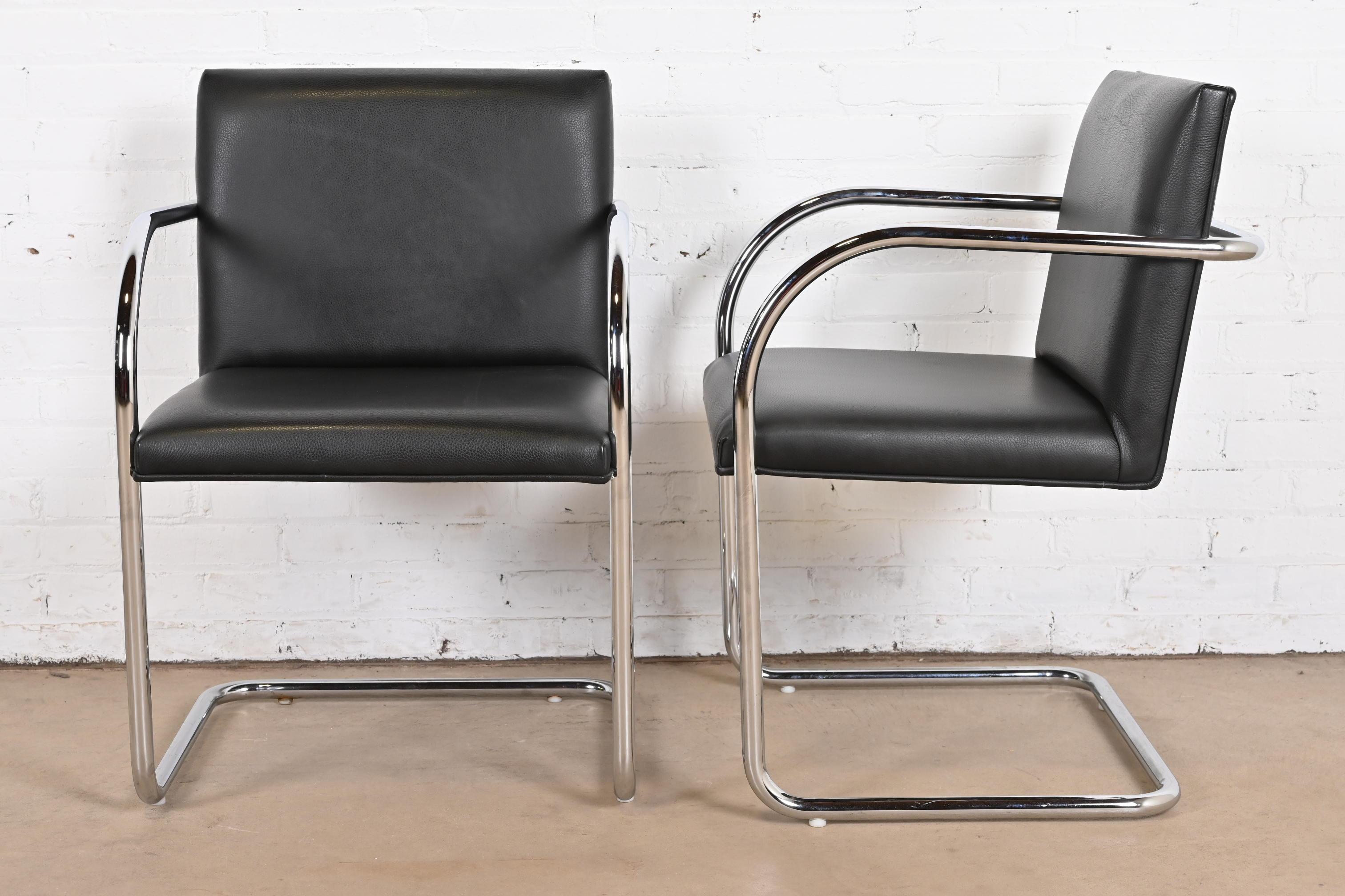 Mies Van Der Rohe Black Leather and Chrome Brno Chairs, Pair For Sale 4