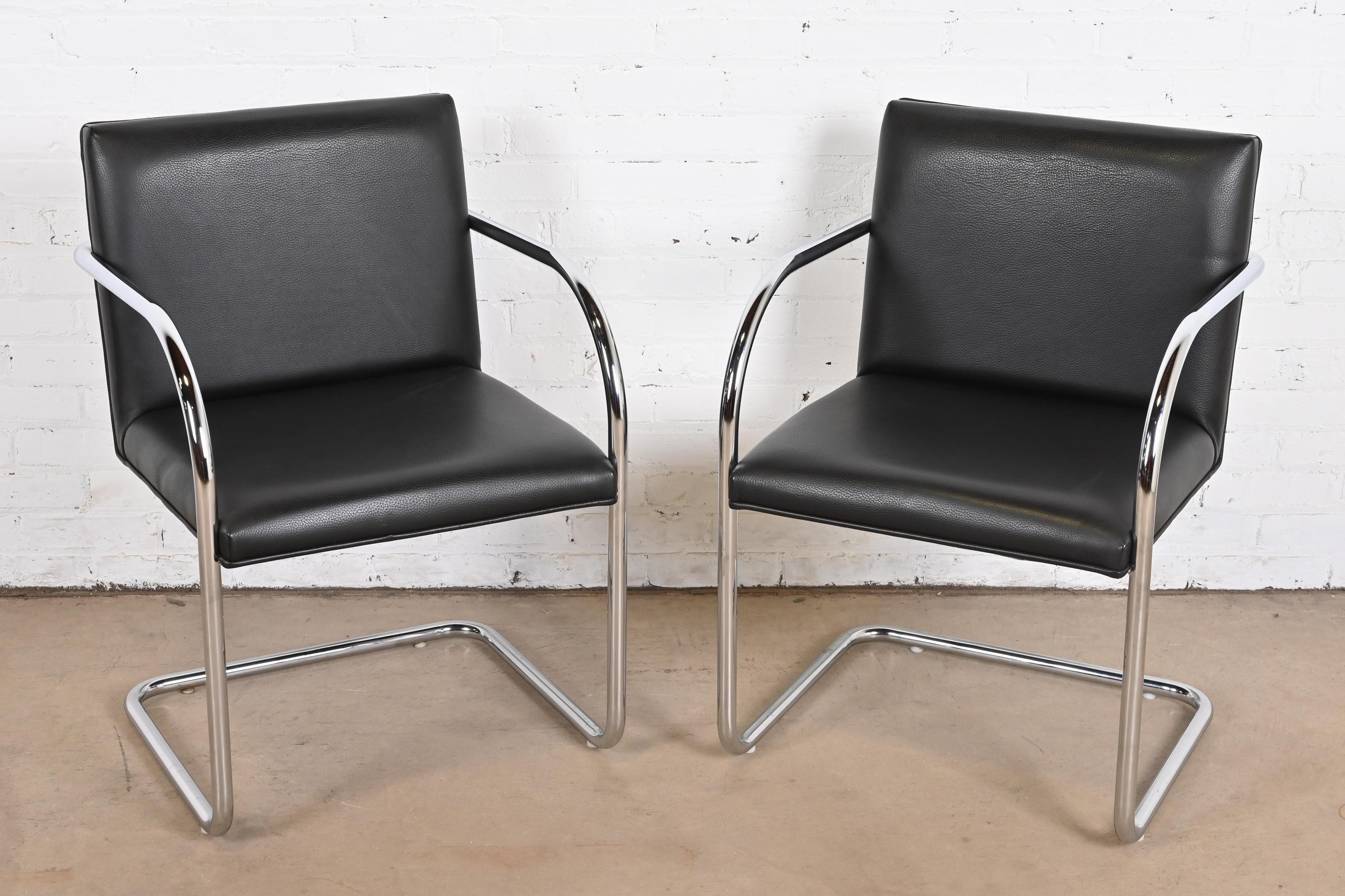 An exceptional pair of Mid-Century Modern Brno tubular club or lounge chairs

Designed by Ludwig Mies van der Rohe in 1930 for the Tugendhat House

Produced by Gordon International

USA, Late 20th Century

Cantilevered chrome-plated steel frames,