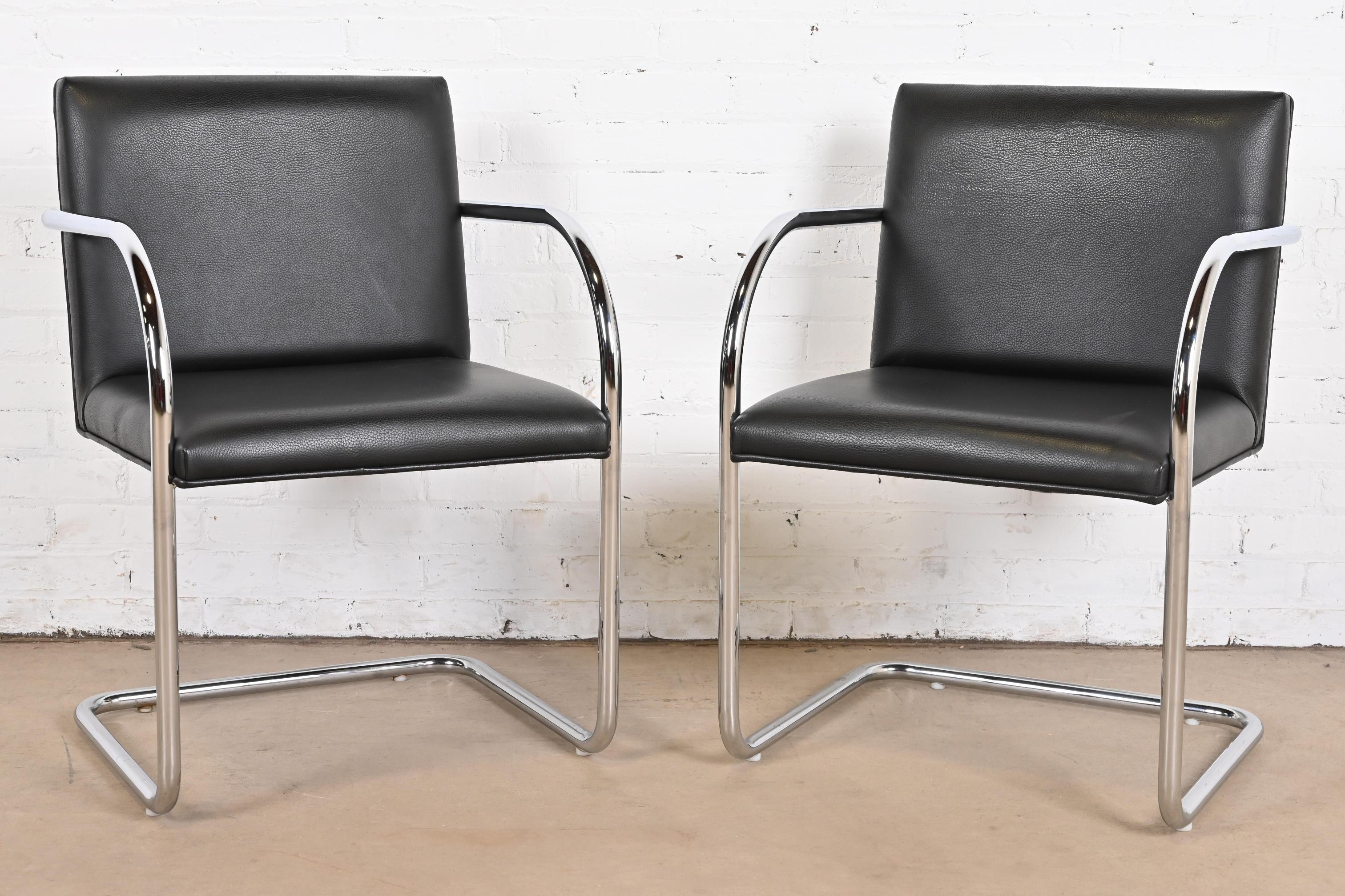 Mid-Century Modern Mies Van Der Rohe Black Leather and Chrome Brno Chairs, Pair For Sale