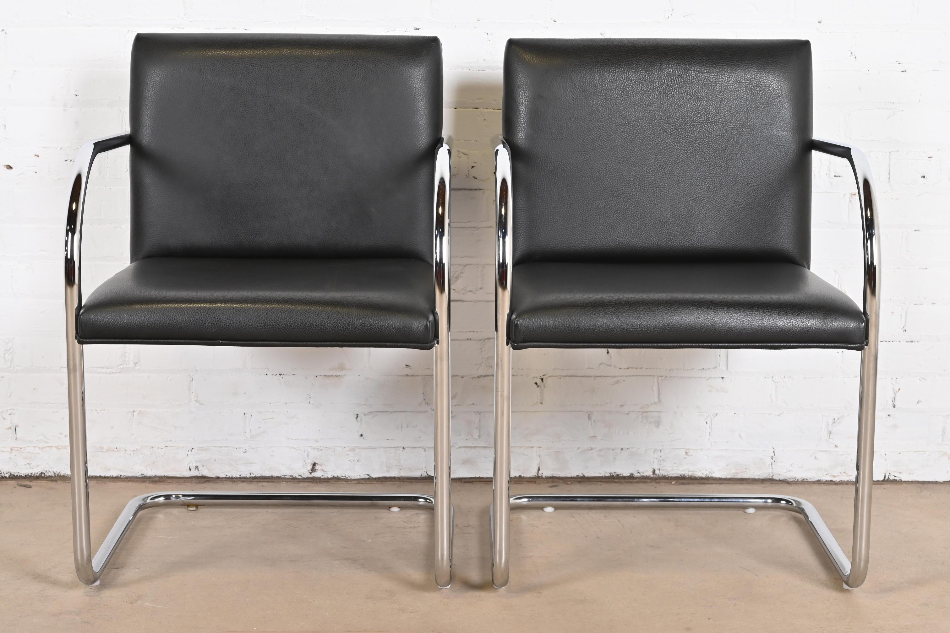 American Mies Van Der Rohe Black Leather and Chrome Brno Chairs, Pair For Sale
