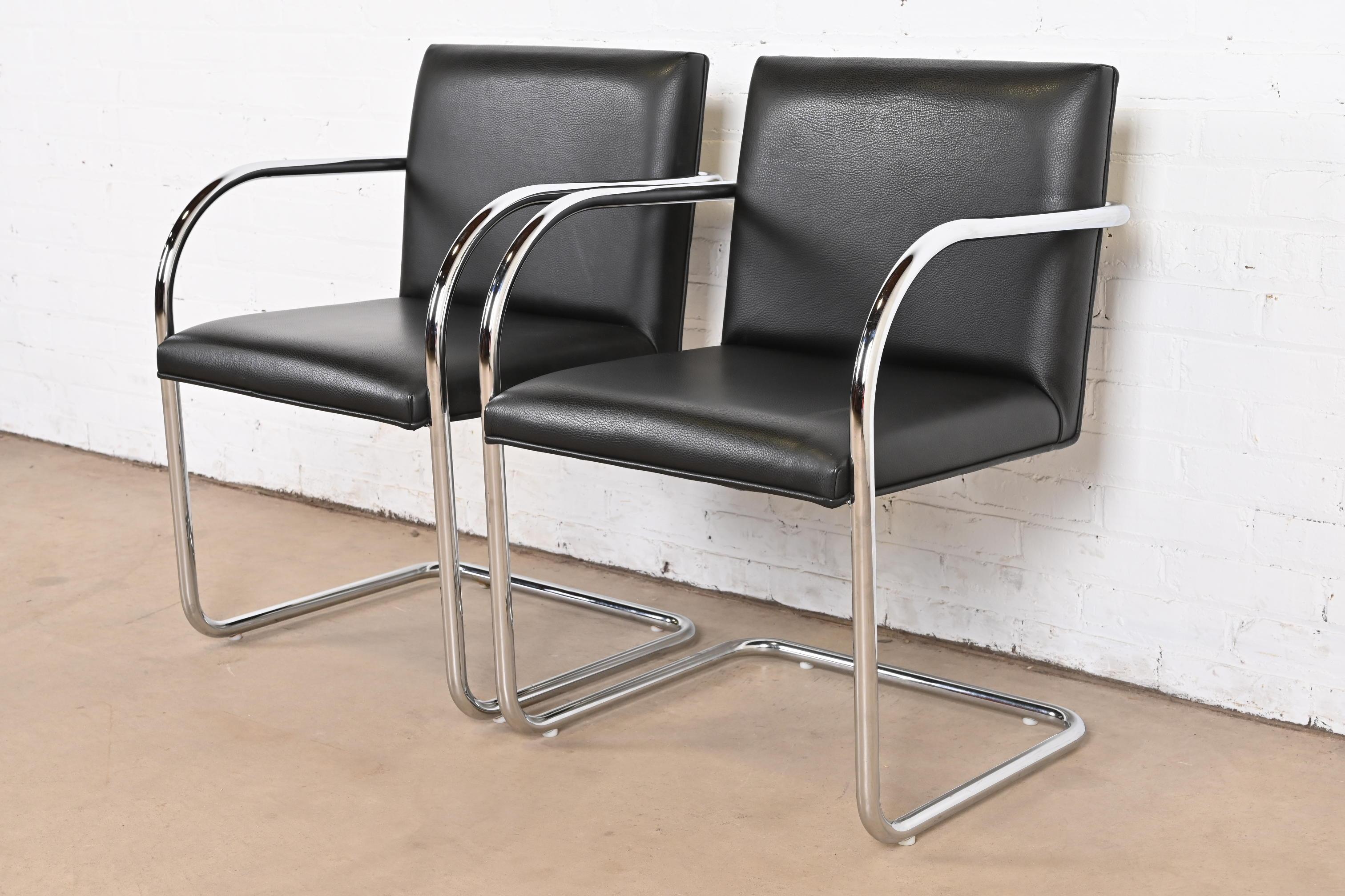 Mies Van Der Rohe Black Leather and Chrome Brno Chairs, Pair In Good Condition For Sale In South Bend, IN
