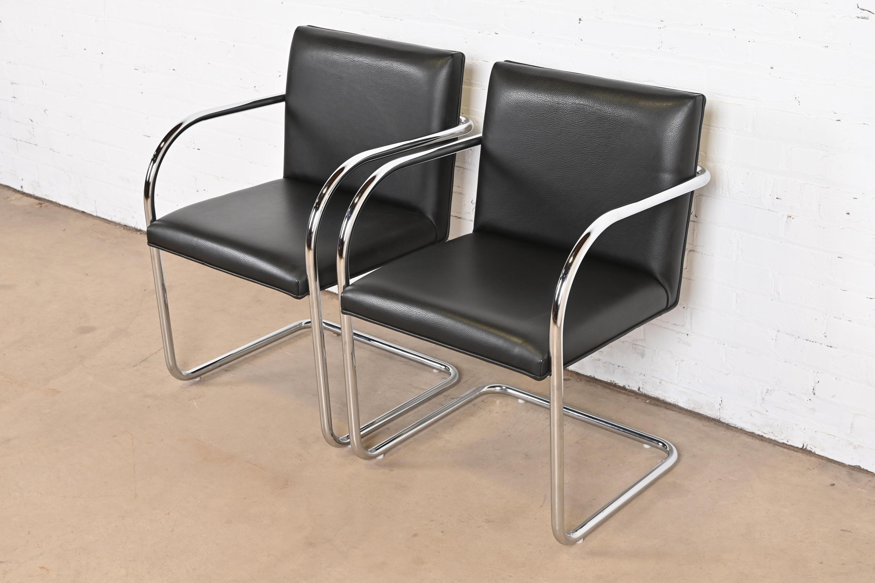 20th Century Mies Van Der Rohe Black Leather and Chrome Brno Chairs, Pair For Sale