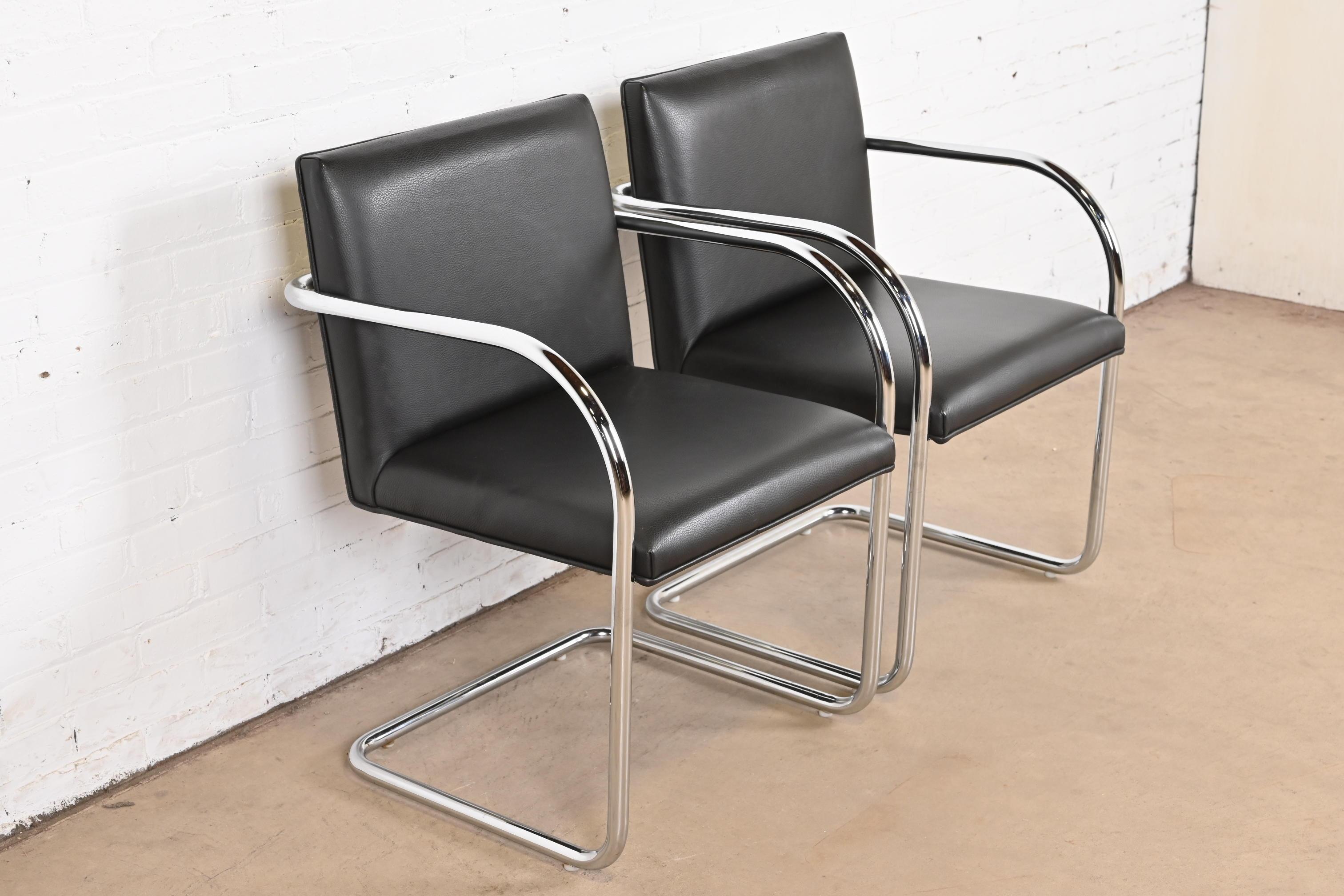 Mies Van Der Rohe Black Leather and Chrome Brno Chairs, Pair For Sale 1