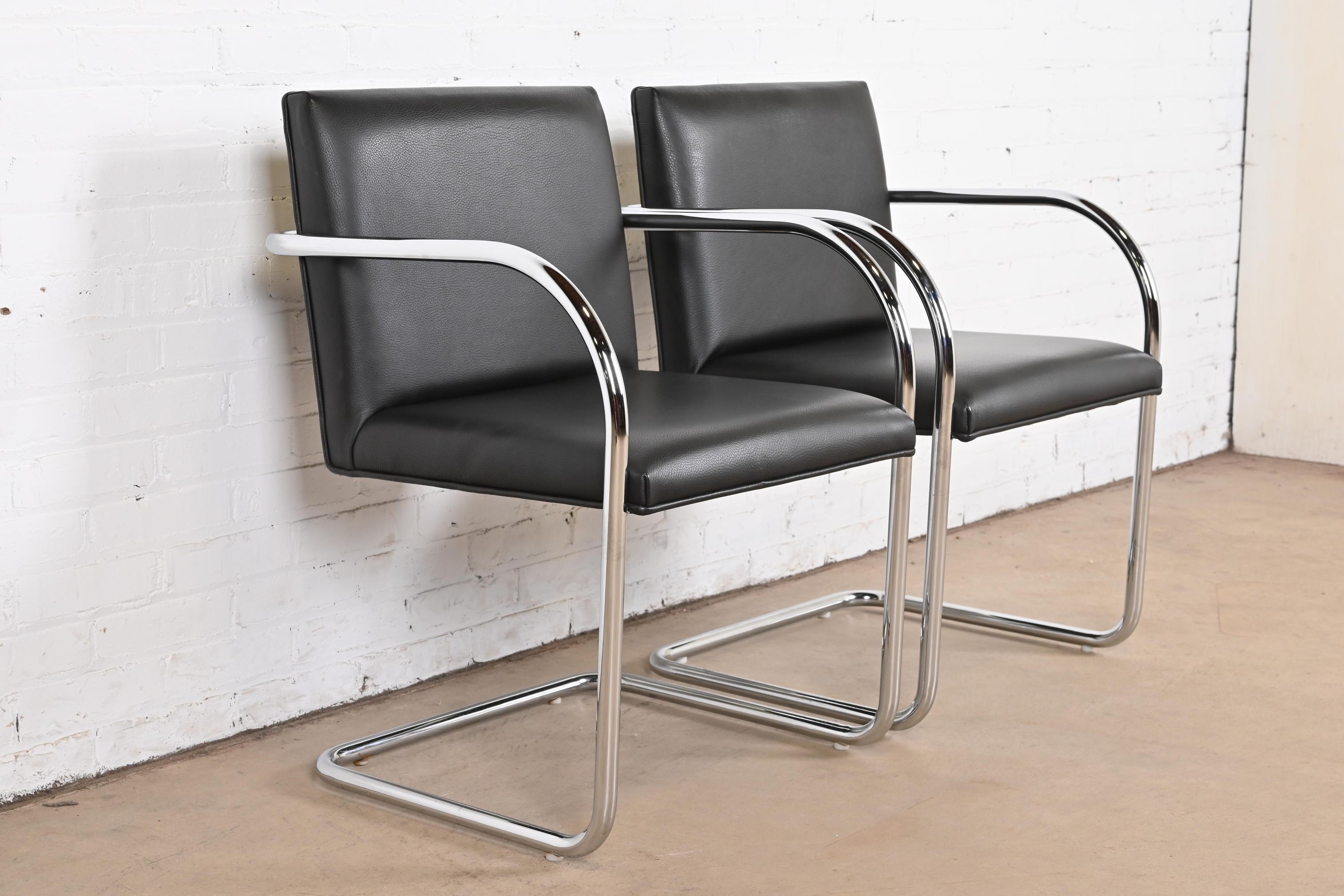 Mies Van Der Rohe Black Leather and Chrome Brno Chairs, Pair For Sale 2