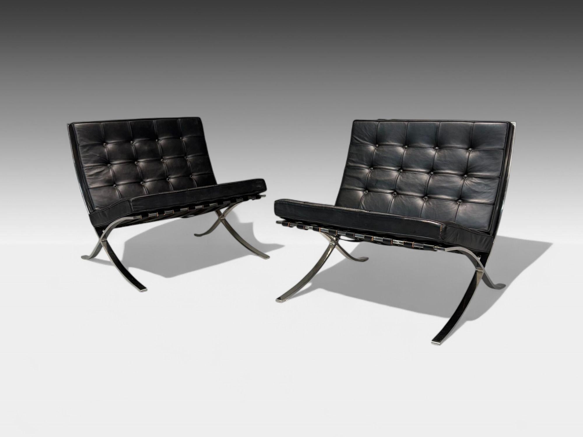 Mid-Century Modern Mies van der Rohe, Black Leather, Chrome, Early Barcelona Chairs, USA, 1960s For Sale