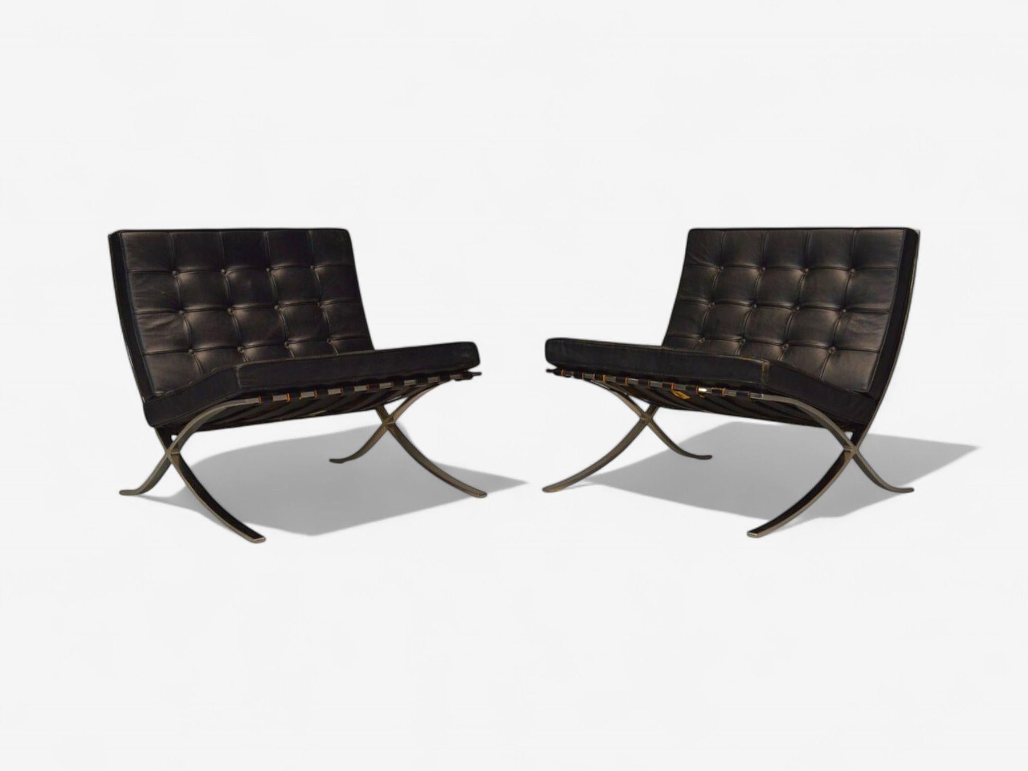Mid-20th Century Mies van der Rohe, Black Leather, Chrome, Early Barcelona Chairs, USA, 1960s For Sale
