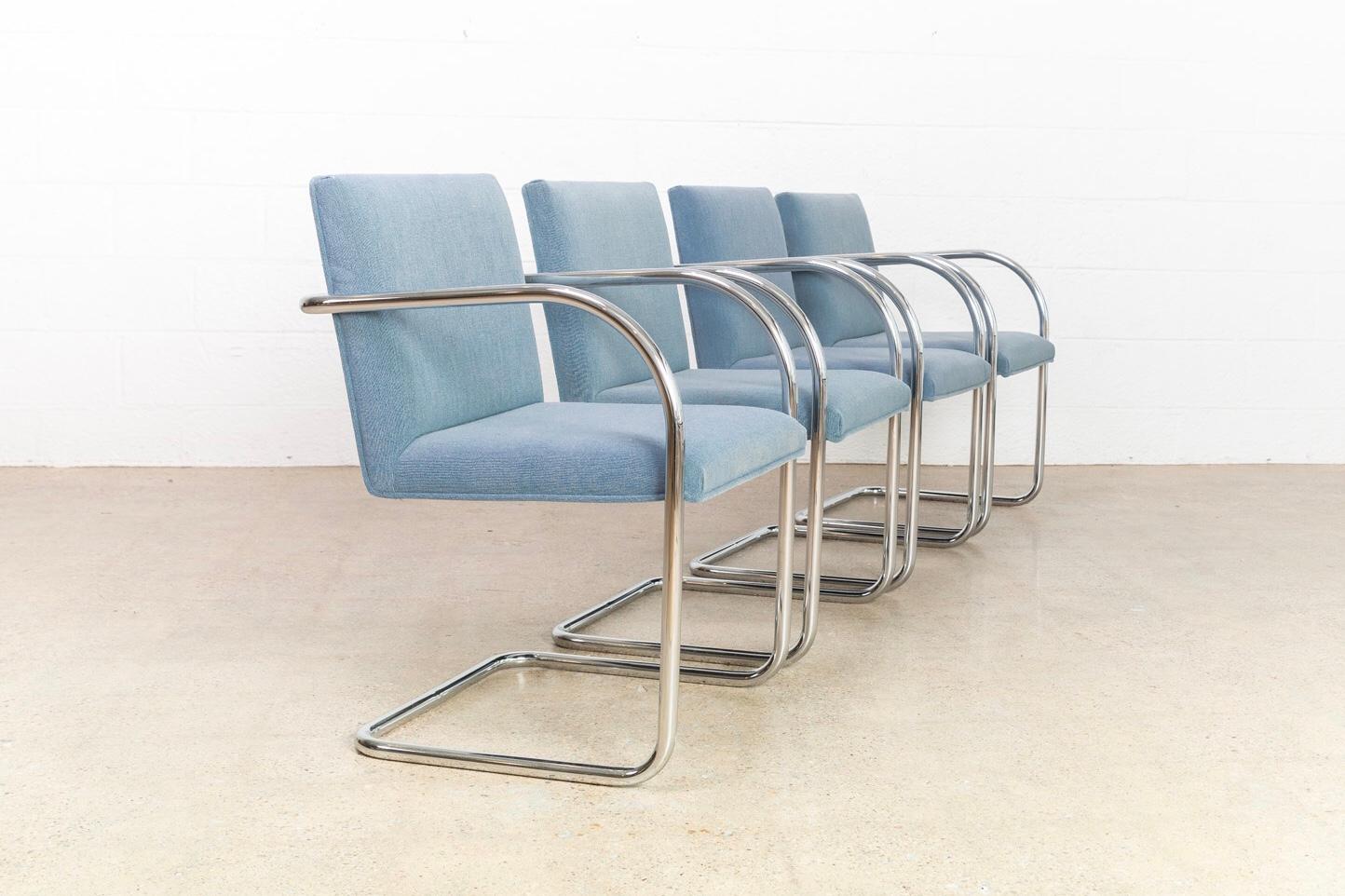 American Mies van der Rohe Blue BRNO Chrome Cantilever Dining Chairs, Set of 4