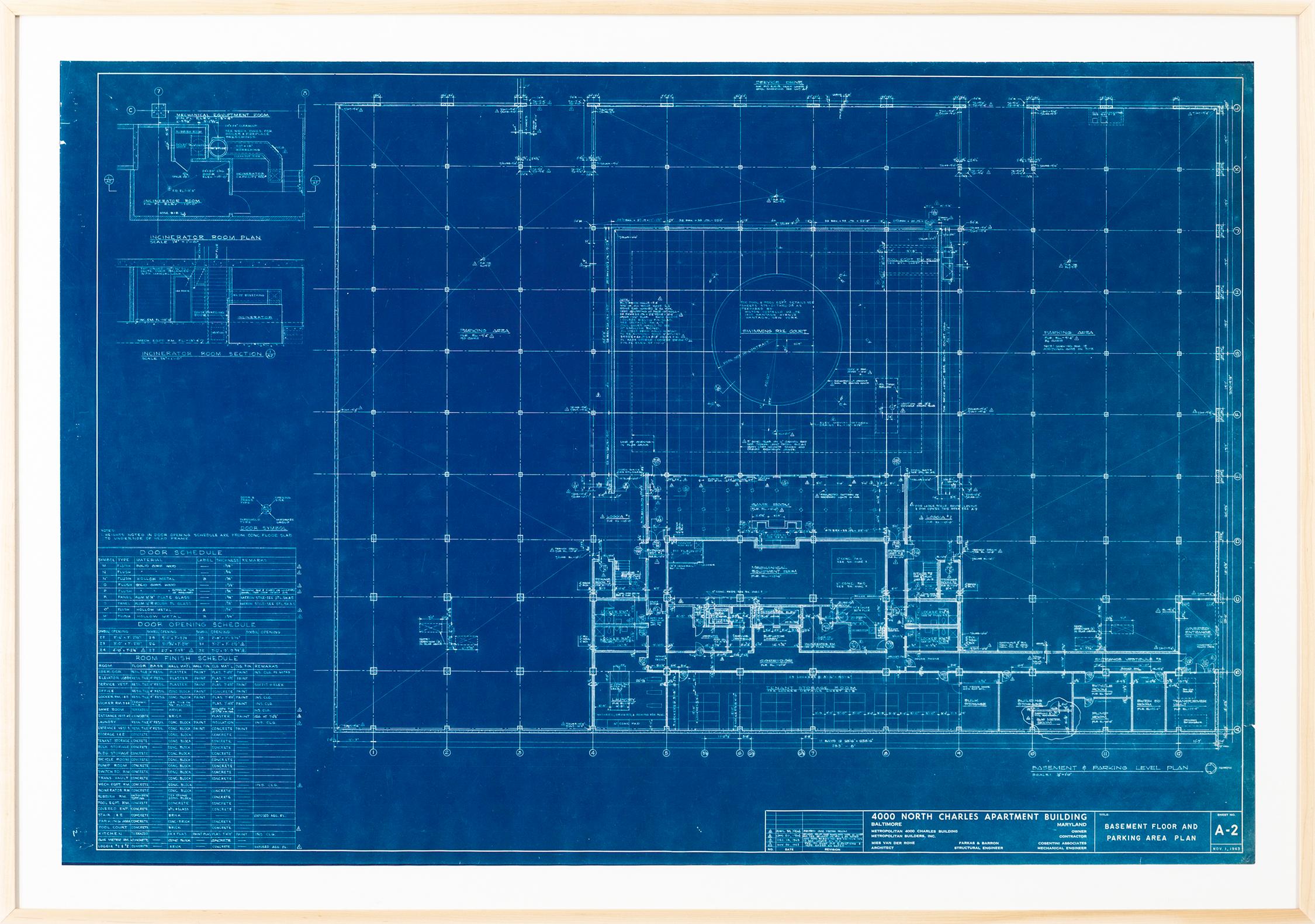 Blueprint from the office of Ludwig Mies van der Rohe, Chicago 1964

4000 North Charles, Highfield House Condominium Building, Baltimore, MD 

A-2: Basement Floor and Parking Area Plan 

Ludwig Mies van der Rohe

This is one of a collection