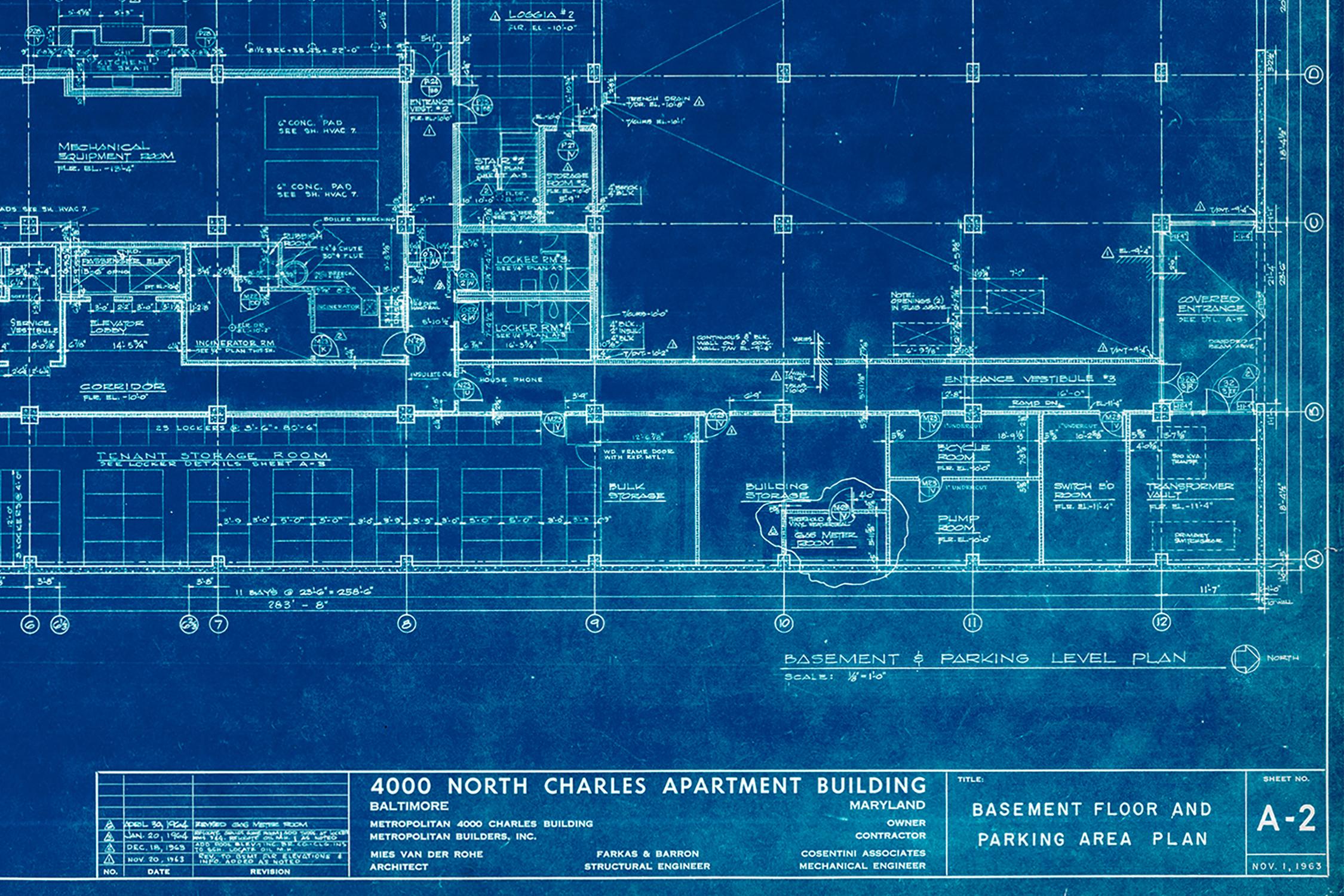 Bauhaus Mies van der Rohe Blueprint, 4000 N. Charles Baltimore, 1964, Lower Levels For Sale