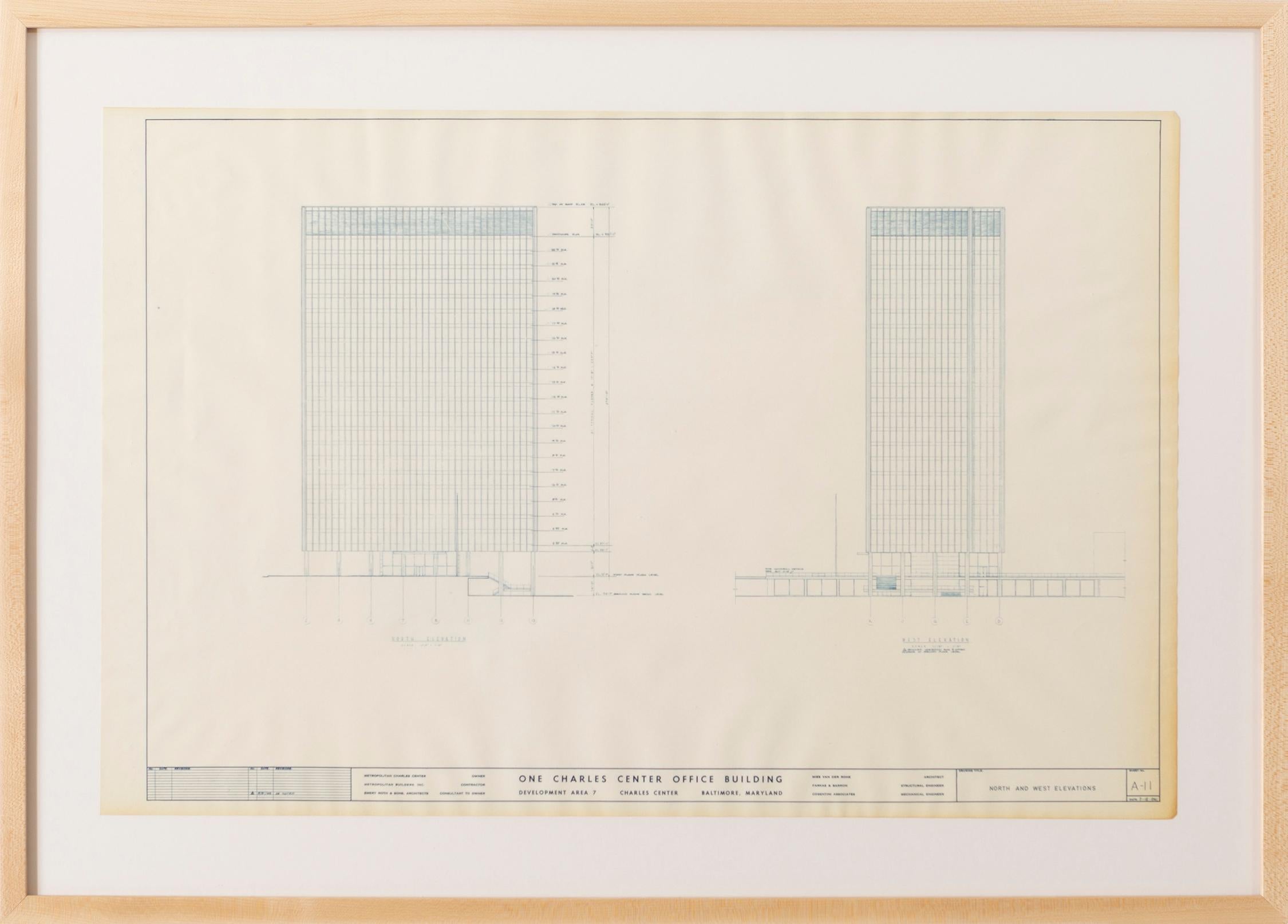Blueprint from the office of Ludwig Mies van der Rohe, Chicago 1961

One Charles Center Office Building, Baltimore, MD

Drawing A-11: North and West Elevations

Ludwig Mies van der Rohe

This is one of a collection of prints offered for sale