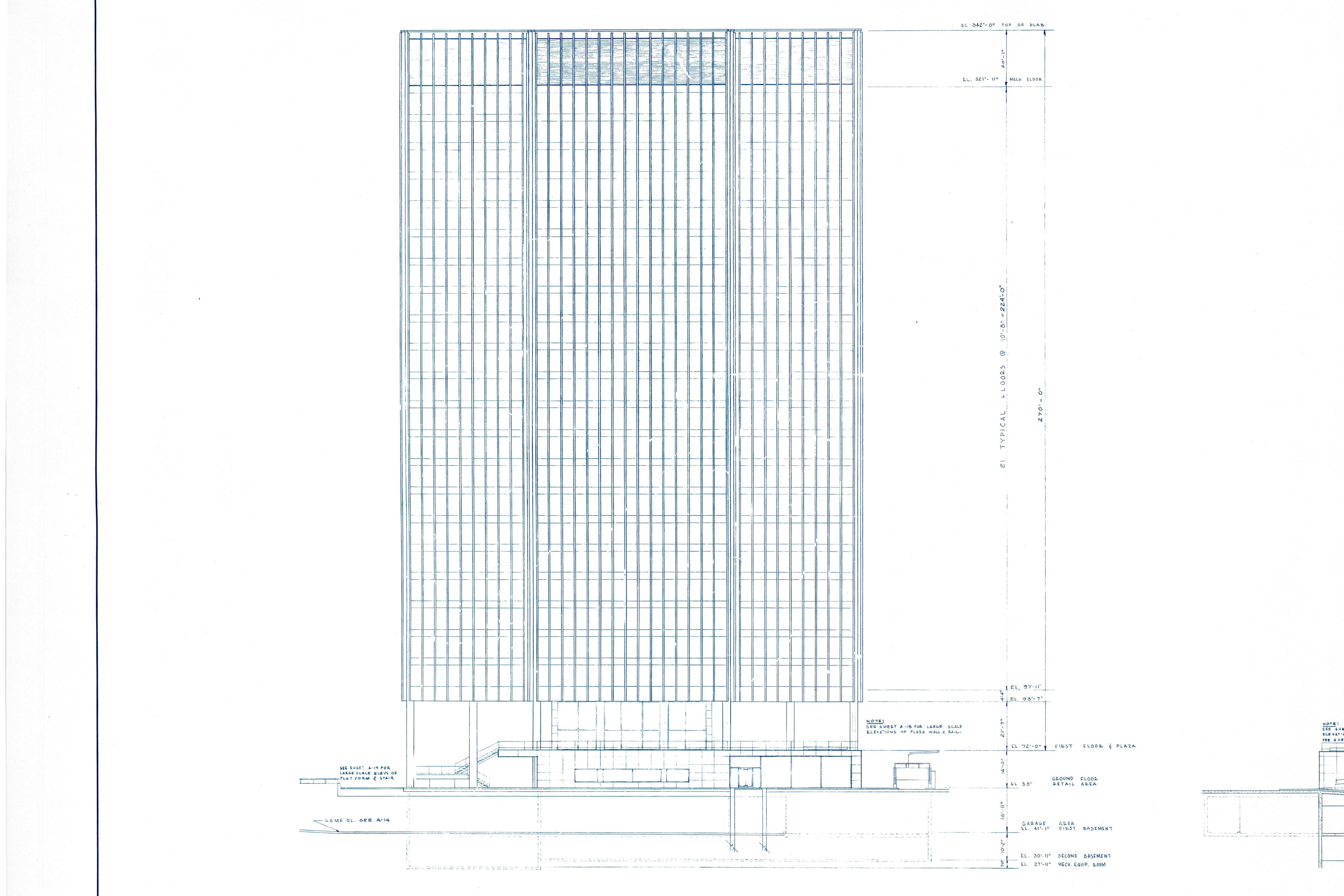 Bauhaus Mies van der Rohe Blueprint, One Charles Center, Baltimore 1961, Elevations 