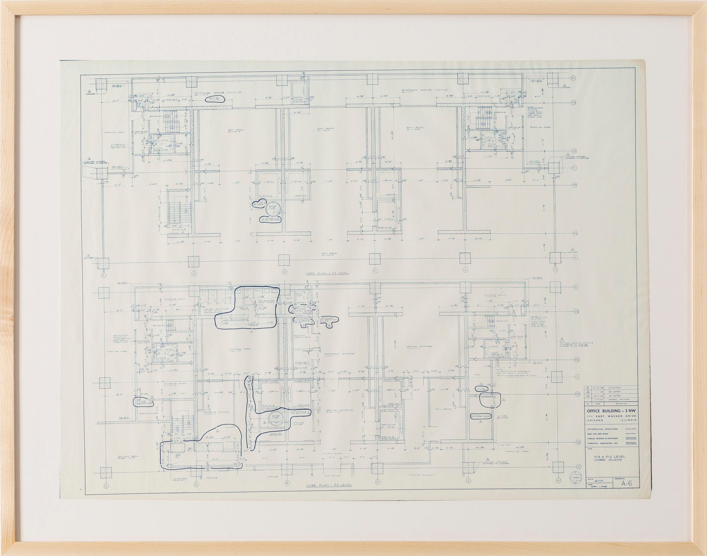 Blueprint from the office of Ludwig Mies van der Rohe, Chicago 1968

One Illinois Center Office Building - 3 NW, 111 East Wacker Drive, Chicago, IL

Drawing A-6: P-3 and P-2 Level Core Plans

Ludwig Mies van der Rohe

This is one of a