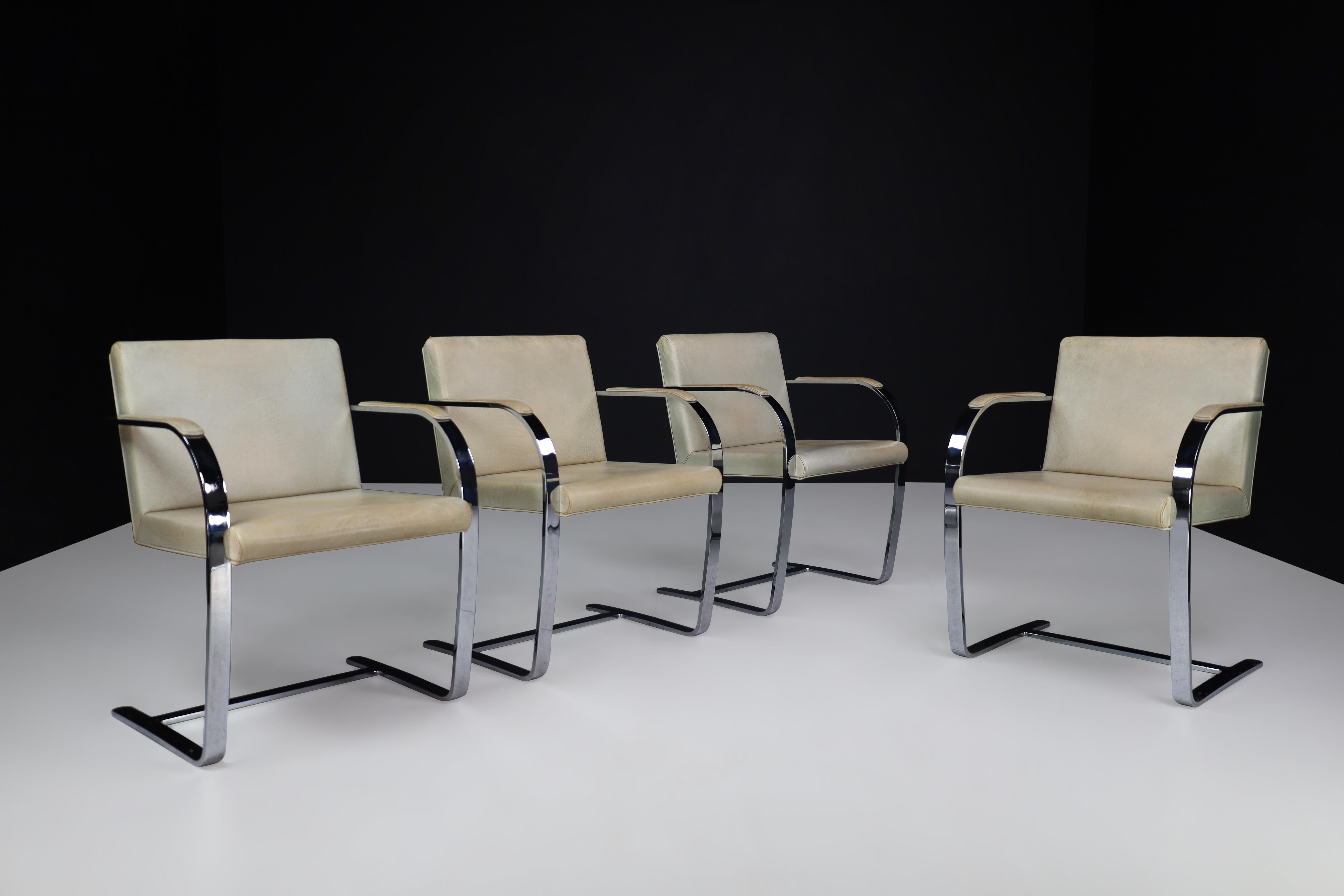 Mies van der Rohe Brno Armchairs in Leather and Chrome.

This set of four Mies van der Rohe Brno armchairs, model 255, in polished chrome-plated flat bar steel with original leather seats. These iconic Bauhaus modernist chairs Mies van der Rohe