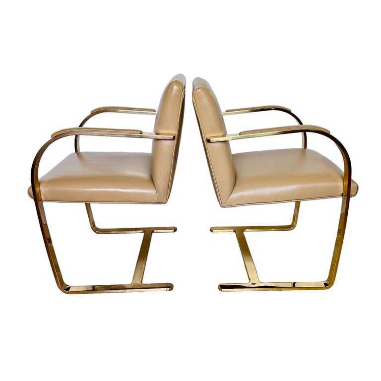 Mies Van Der Rohe Brno Gold Brass Flat Bar Leather Chairs, a Pair For Sale at 1stDibs