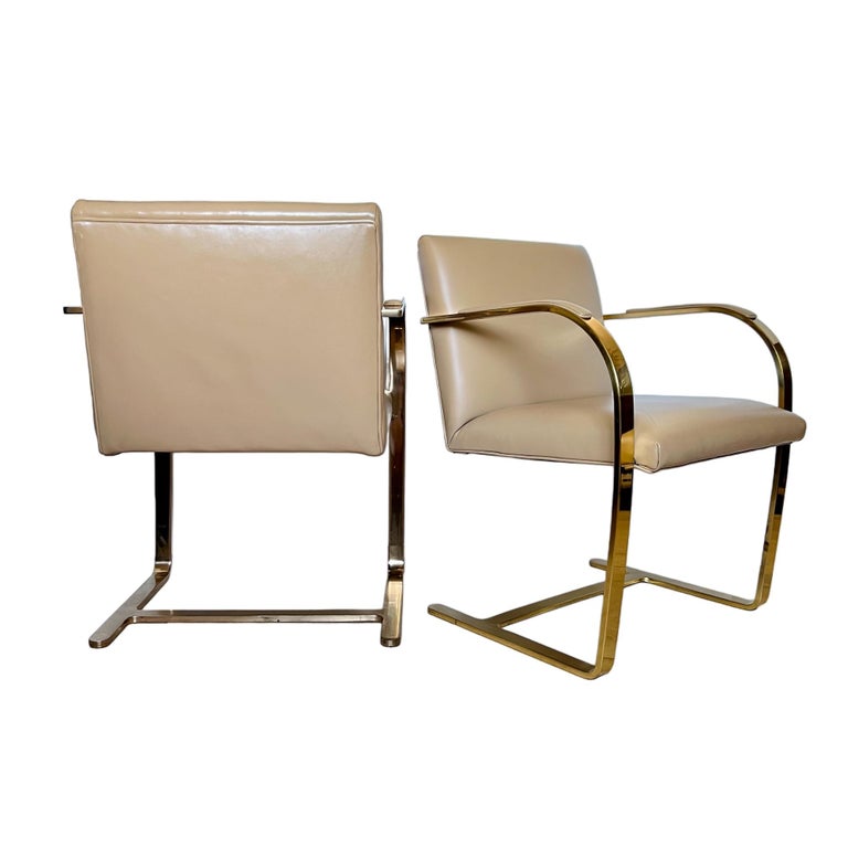 Mies Van Der Rohe Brno Gold Brass Flat Bar Leather Chairs, a Pair For Sale at 1stDibs