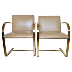 Mies Van Der Rohe Brno Gold Brass Flat Bar Leather Chairs, a Pair