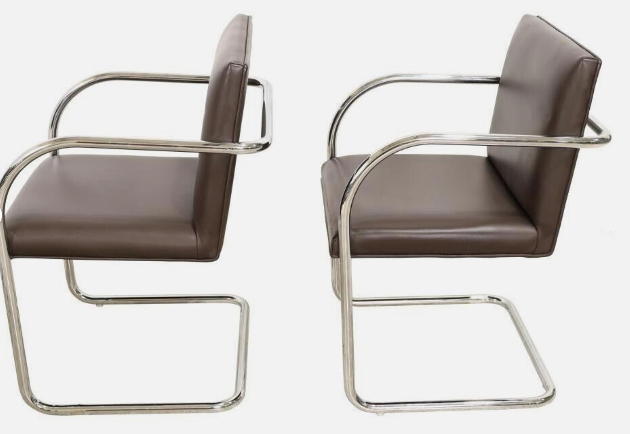 Mid-Century Modern Mies van der Rohe Brno Chair 245 Tubular Steel, Knoll, Mahogany Leather, Italy For Sale
