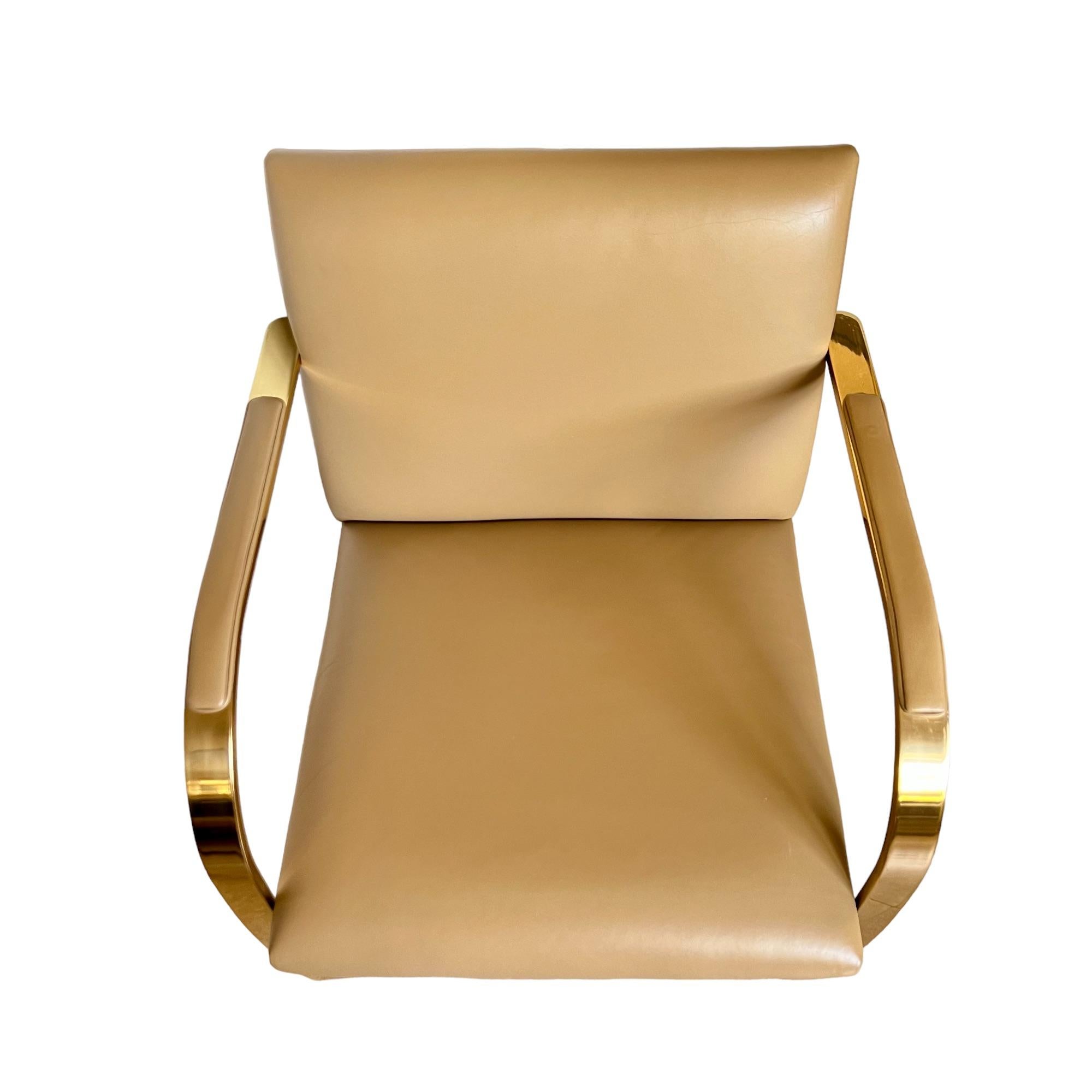 American Mies Van Der Rohe Brno Gold Brass Flat Bar Leather Chair
