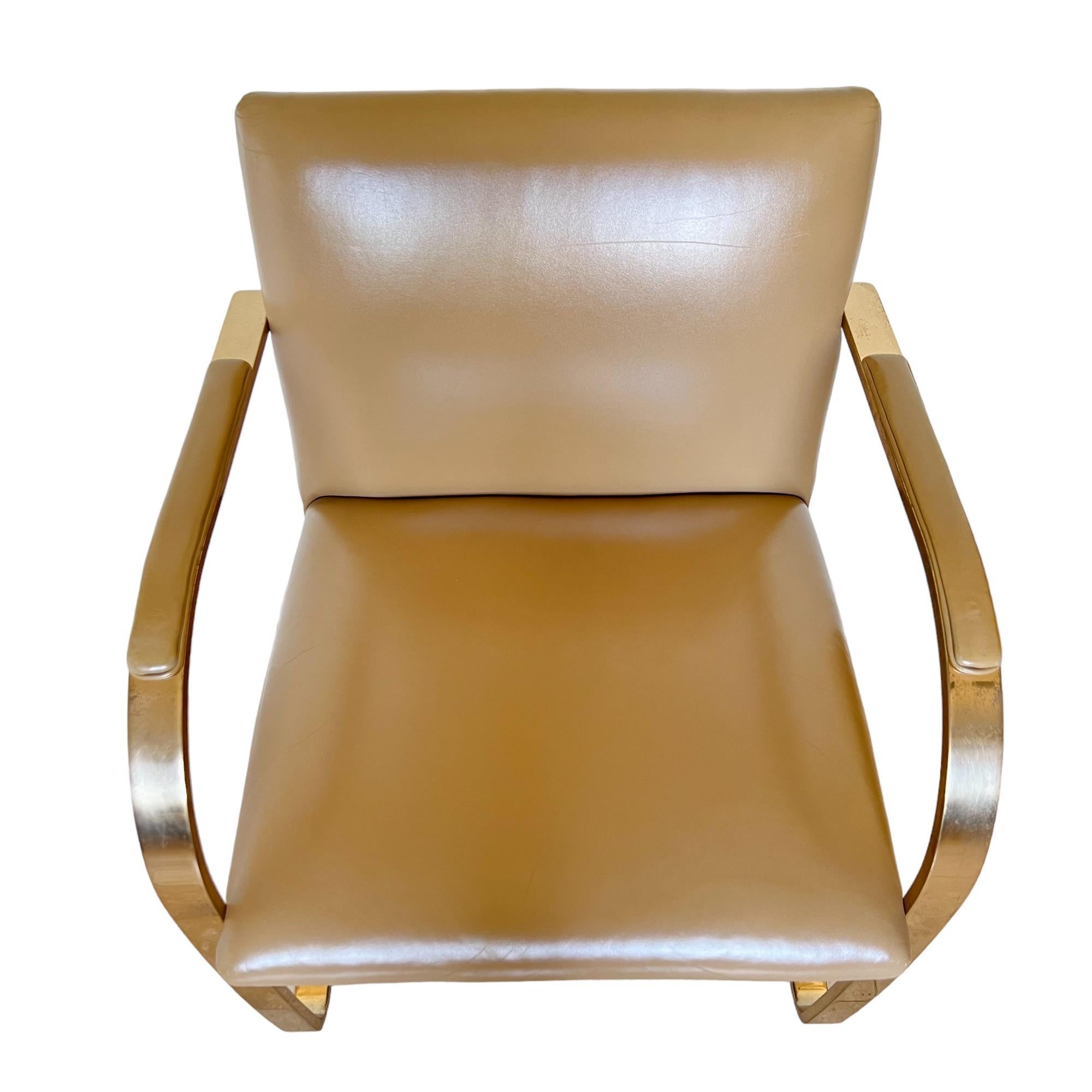 Mid-Century Modern Mies Van Der Rohe Brno Gold Brass Flat Bar Leather Chair