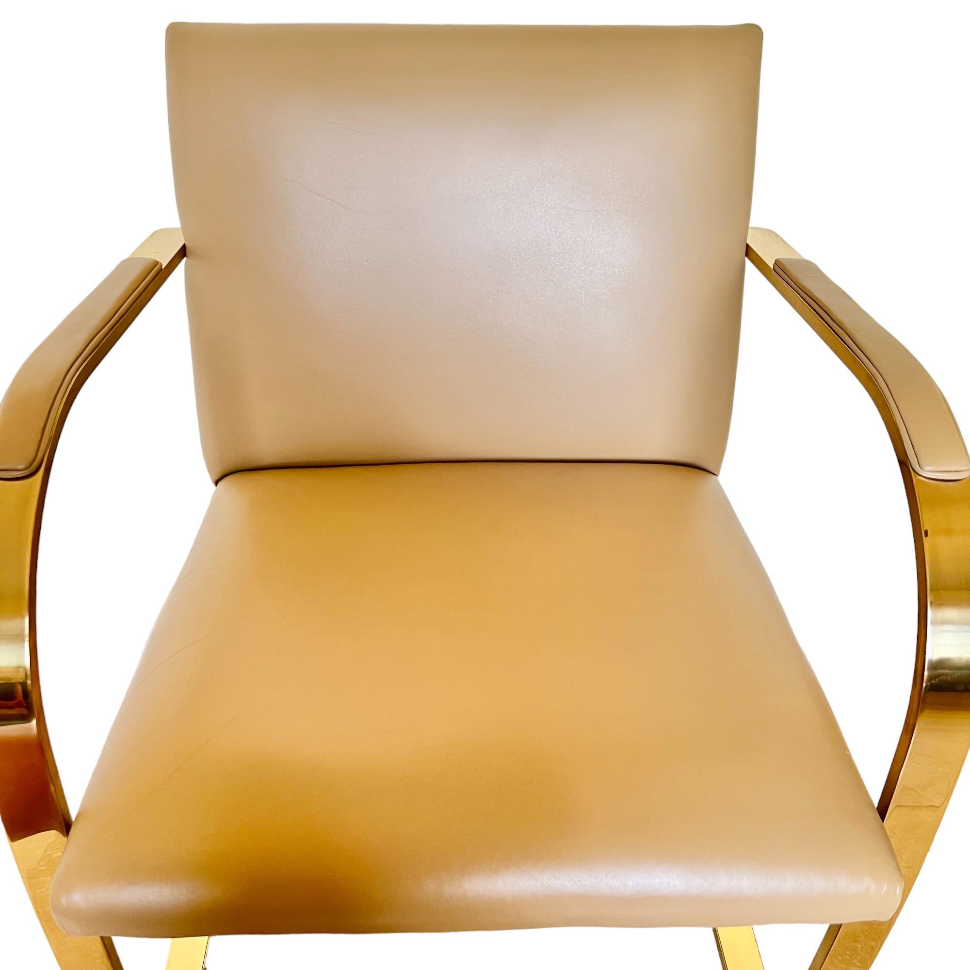 Polished Mies Van Der Rohe Brno Gold Brass Flat Bar Leather Chair
