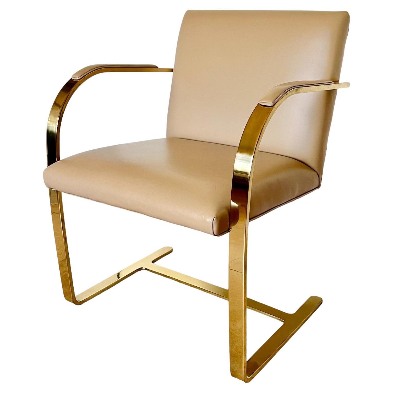 Mies Van Der Rohe Brno Gold Brass Flat Bar Leather Chair For Sale at 1stDibs