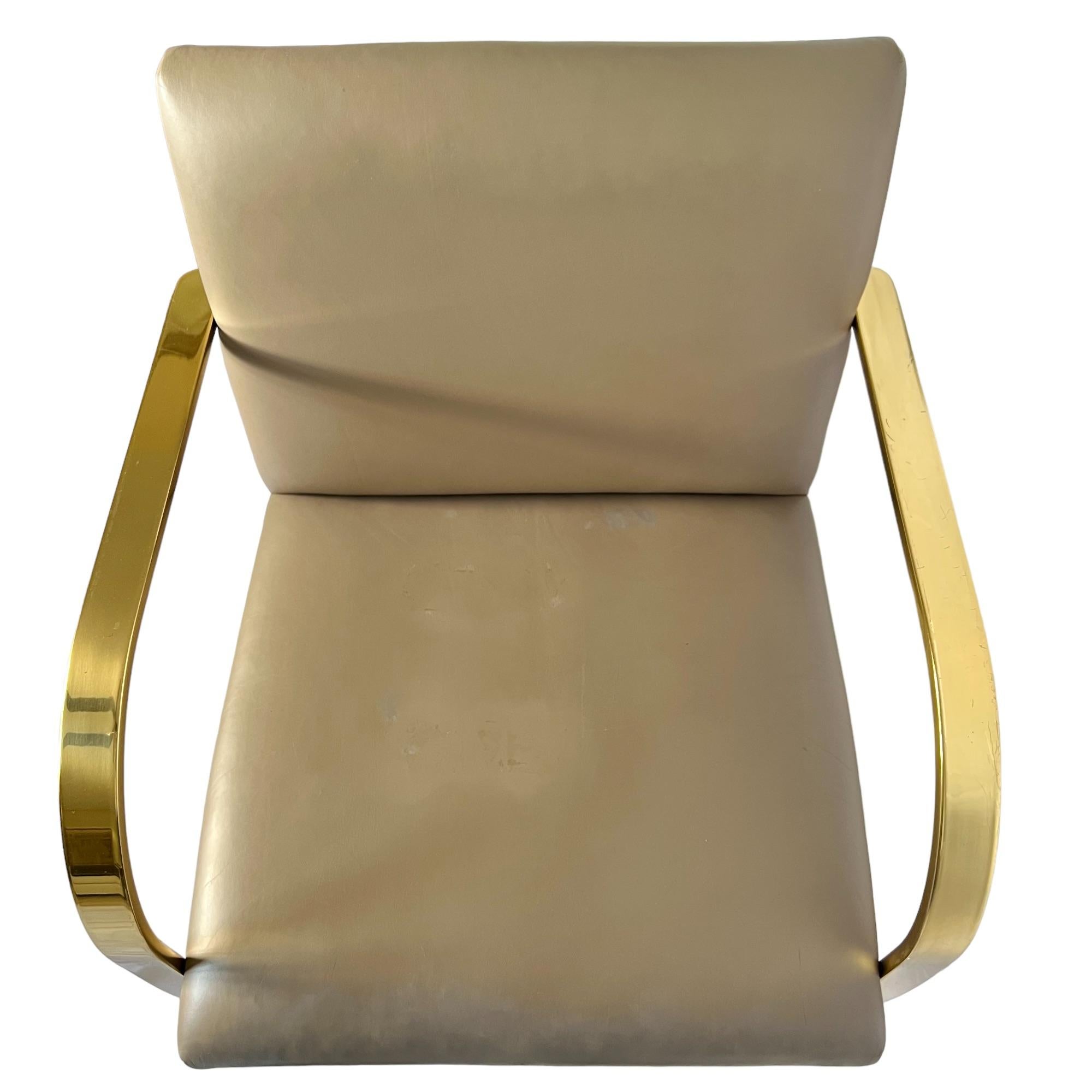 Mies Van Der Rohe Brno Gold Brass Flat Bar Leather Chairs, a Pair 2
