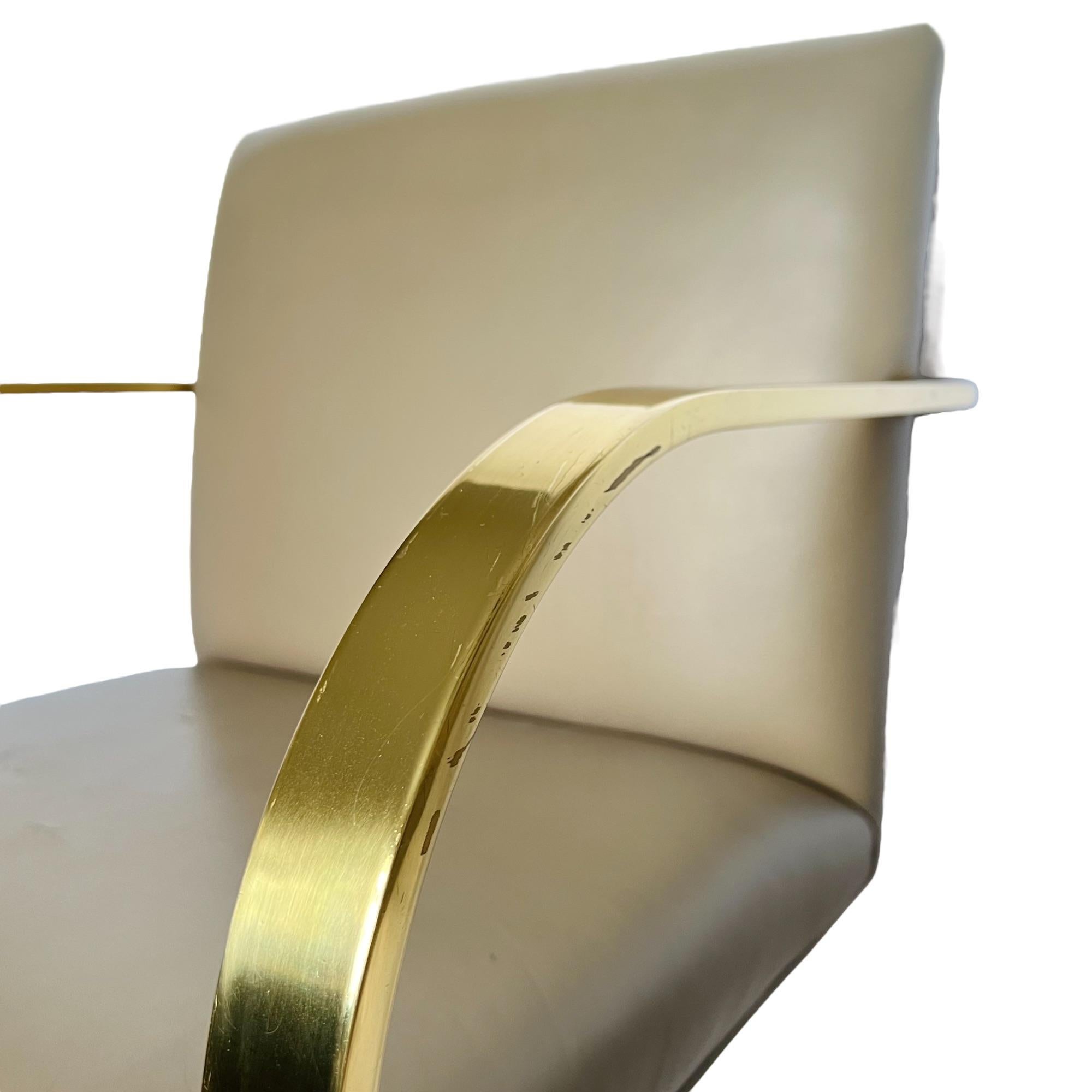 Mies Van Der Rohe Brno Gold Brass Flat Bar Leather Chairs, a Pair For Sale 3