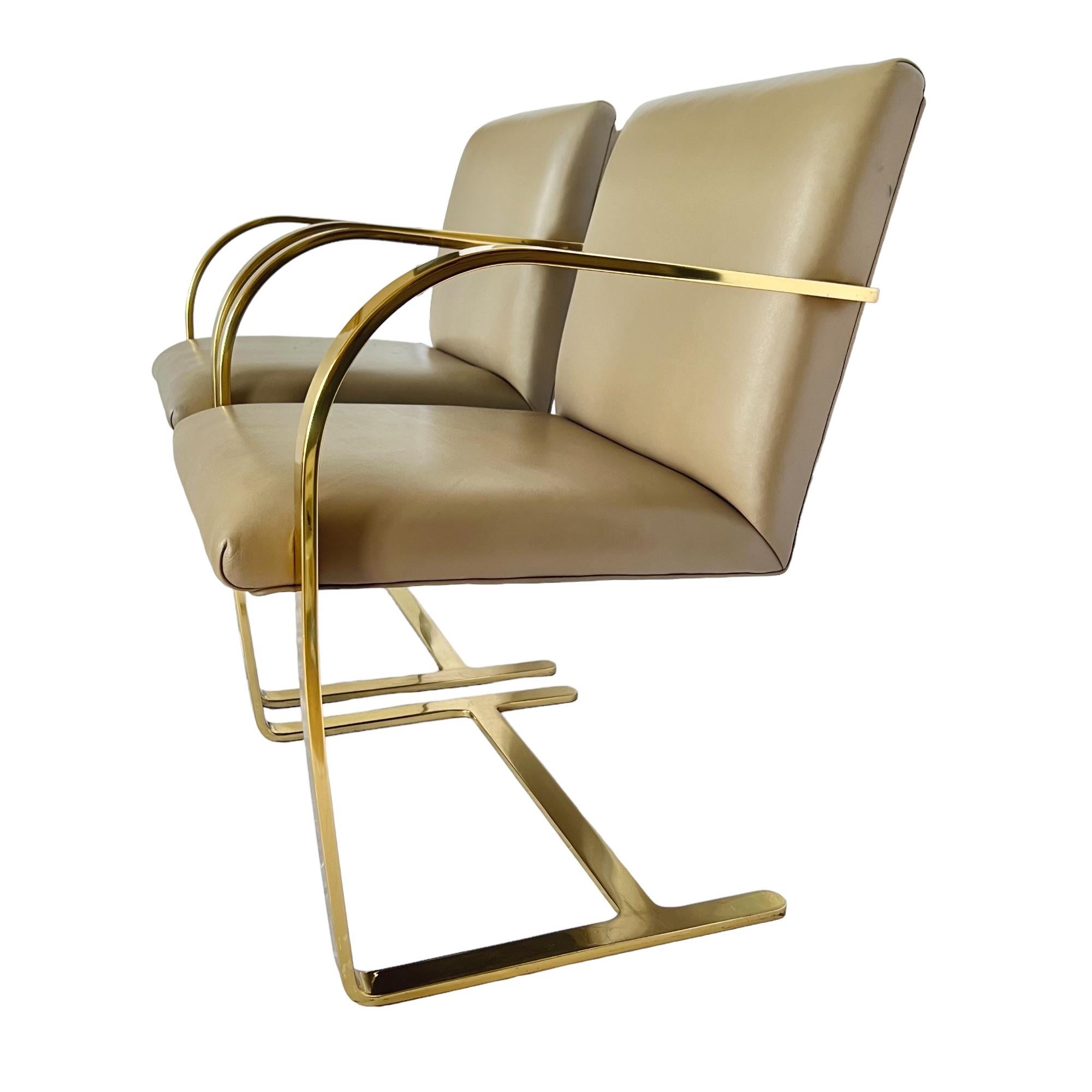 Mid-Century Modern Mies Van Der Rohe Brno Gold Brass Flat Bar Leather Chairs, a Pair