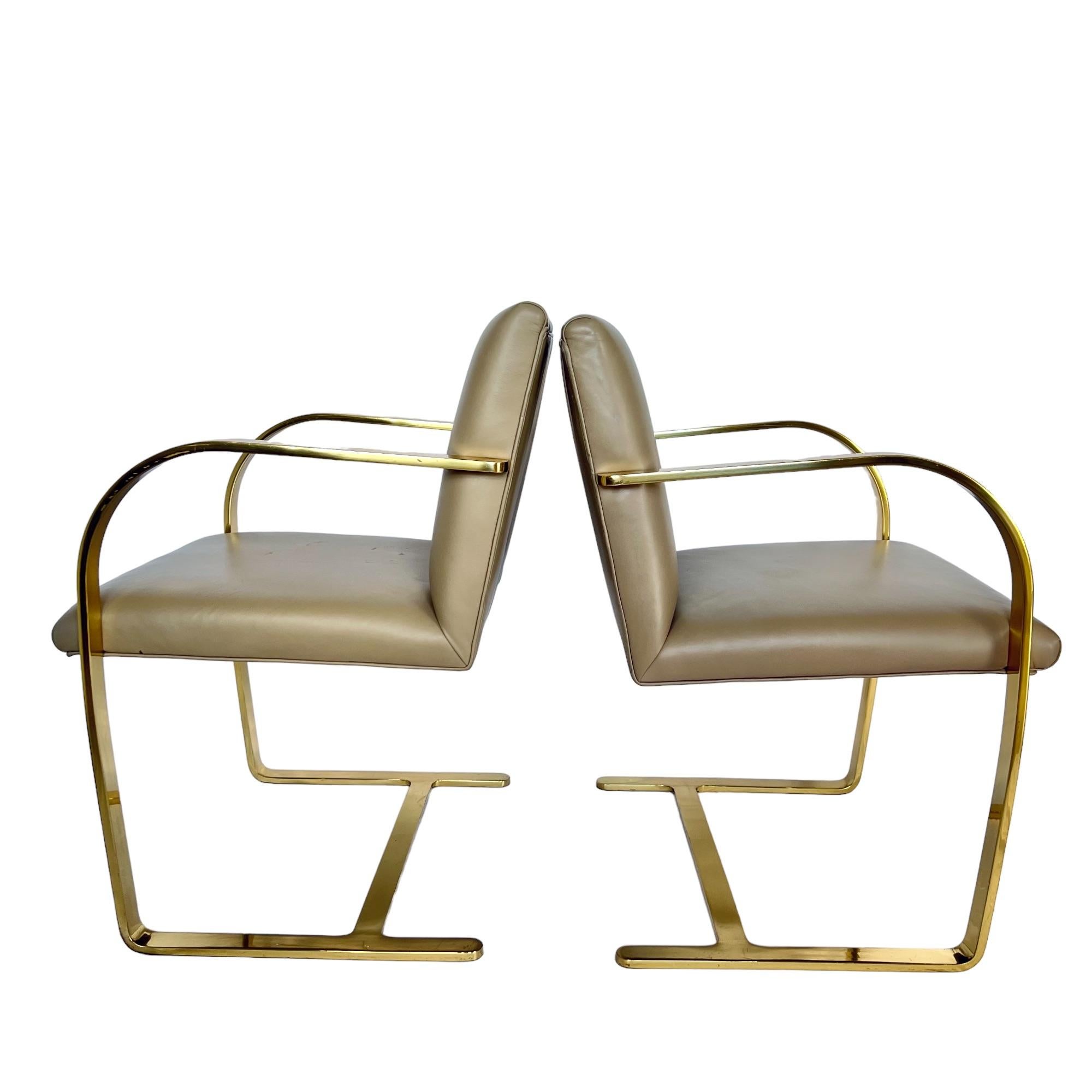 American Mies Van Der Rohe Brno Gold Brass Flat Bar Leather Chairs, a Pair