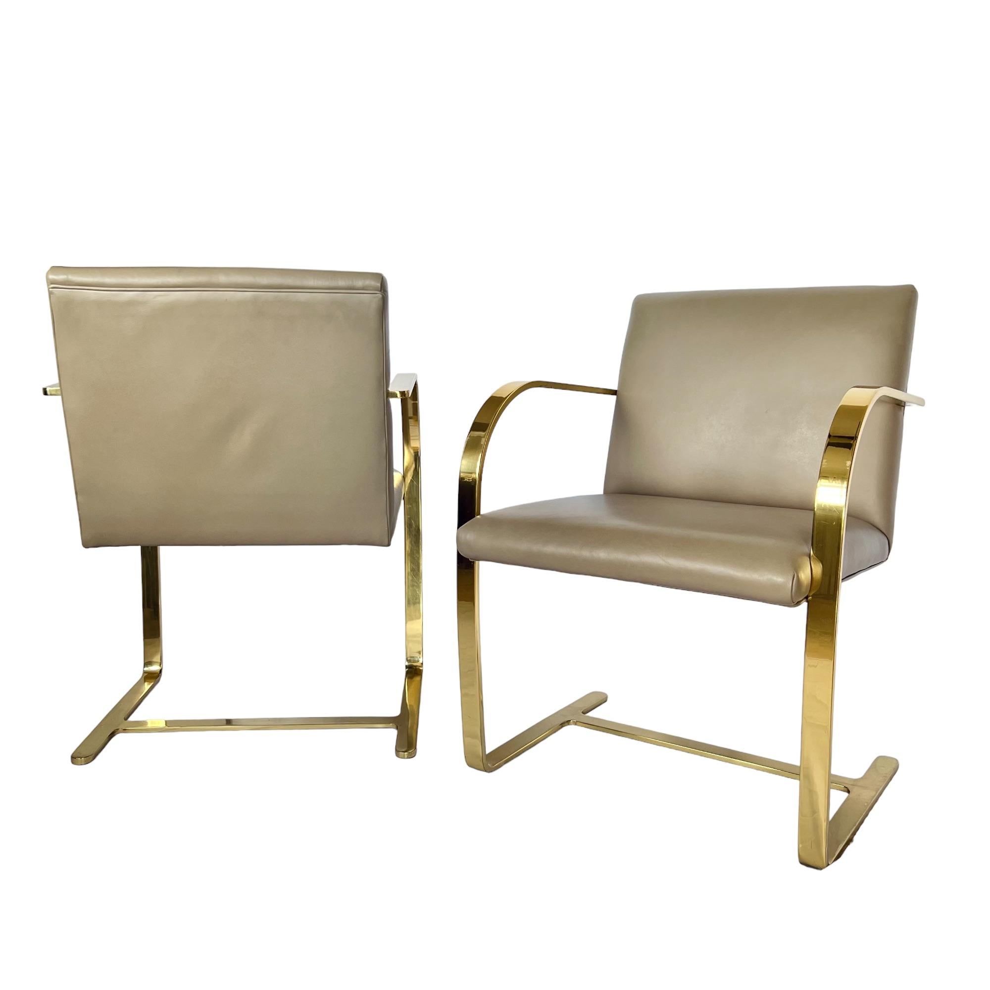 Polished Mies Van Der Rohe Brno Gold Brass Flat Bar Leather Chairs, a Pair For Sale