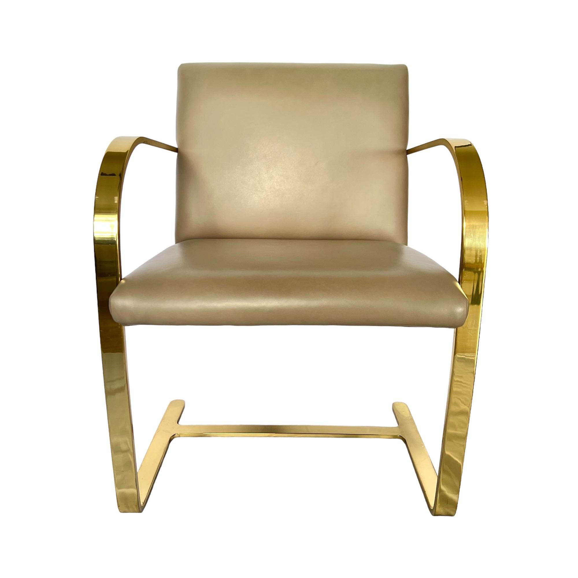 Mies Van Der Rohe Brno Gold Brass Flat Bar Leather Chairs, a Pair In Good Condition In Harlingen, TX