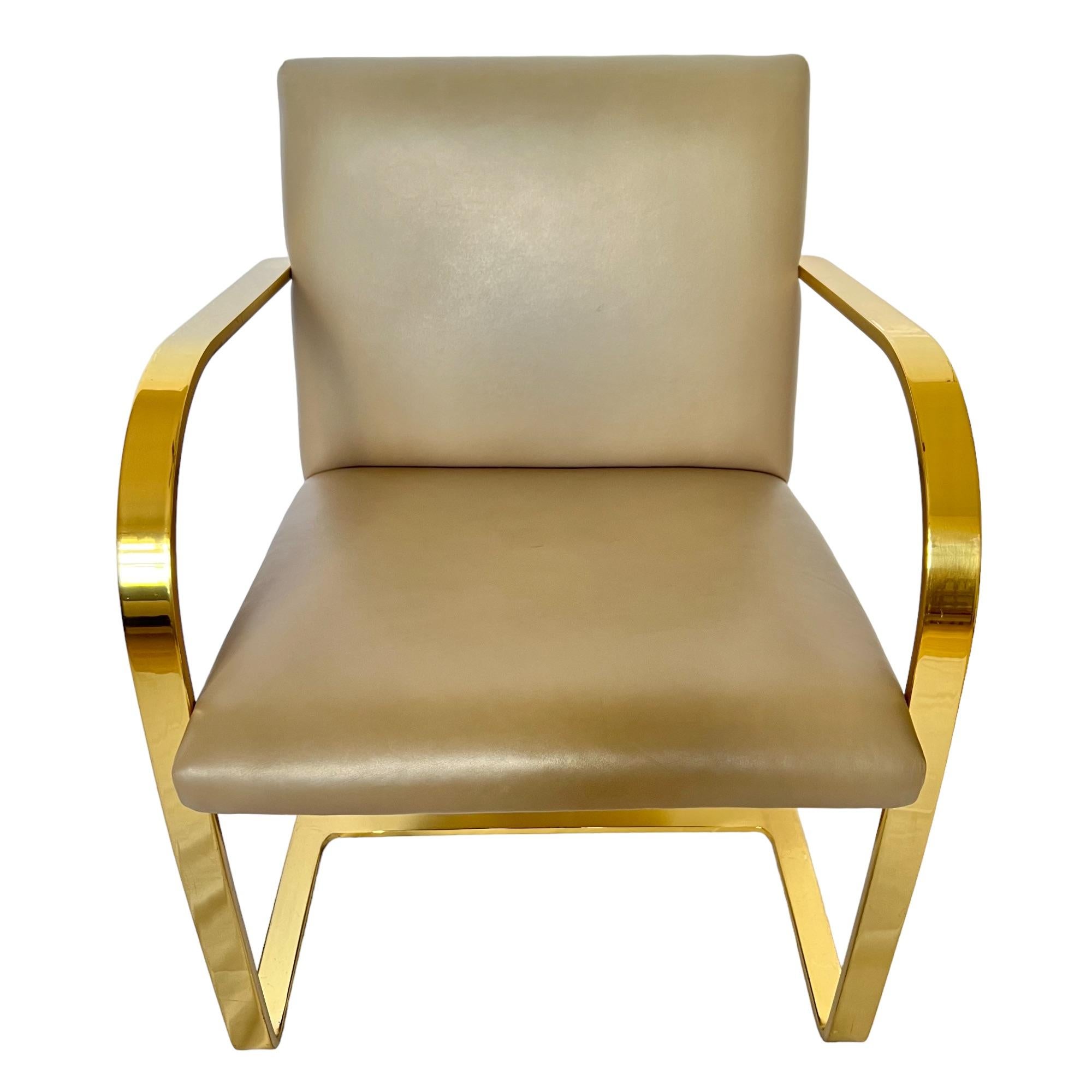 Late 20th Century Mies Van Der Rohe Brno Gold Brass Flat Bar Leather Chairs, a Pair For Sale
