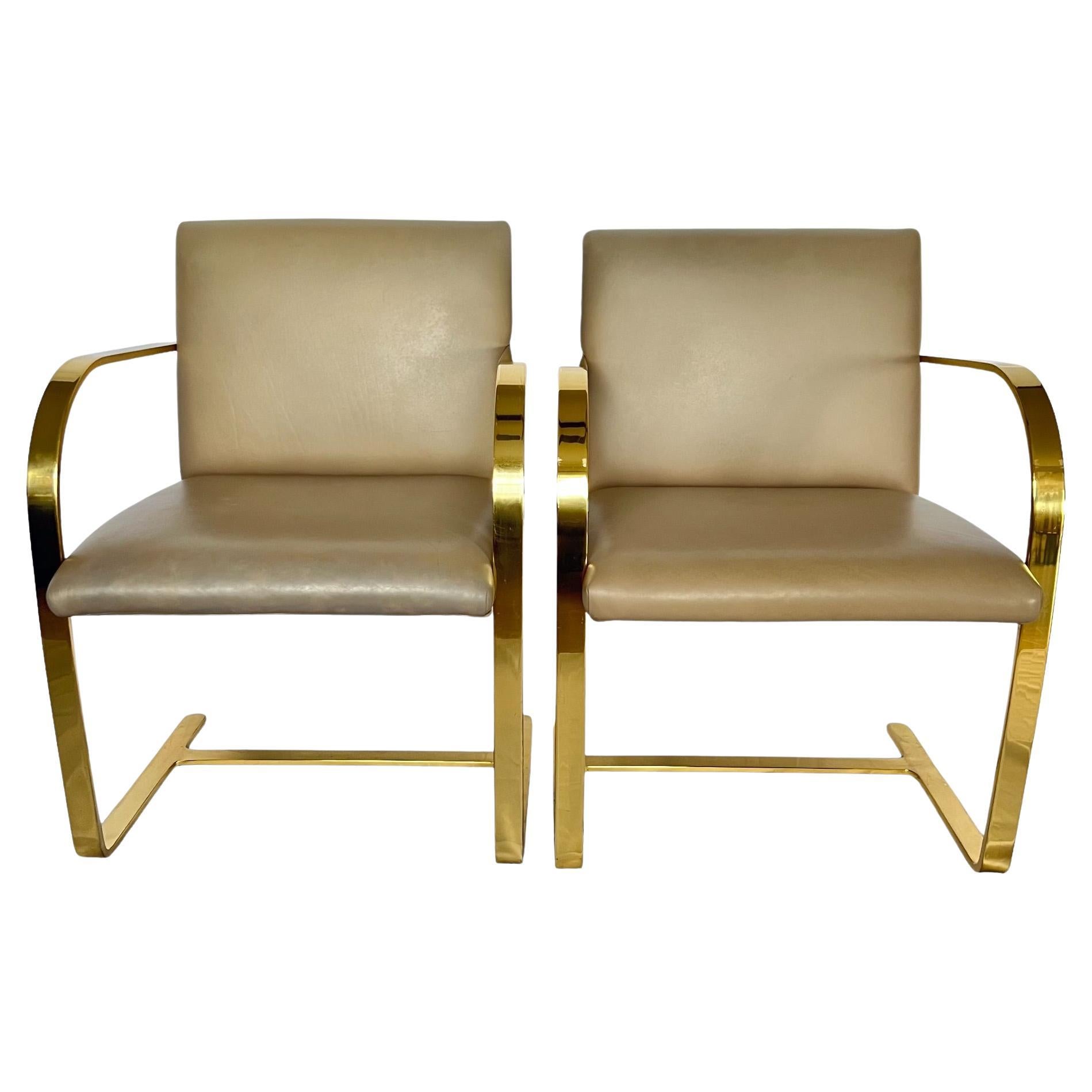 Mies Van Der Rohe Brno Gold Brass Flat Bar Leather Chairs, a Pair For Sale