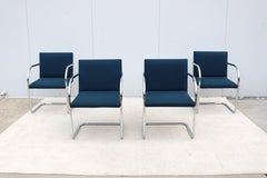 Mies van der Rohe Brno Tubular Style Chairs in Blue Fabric by Gordon, Set of 4