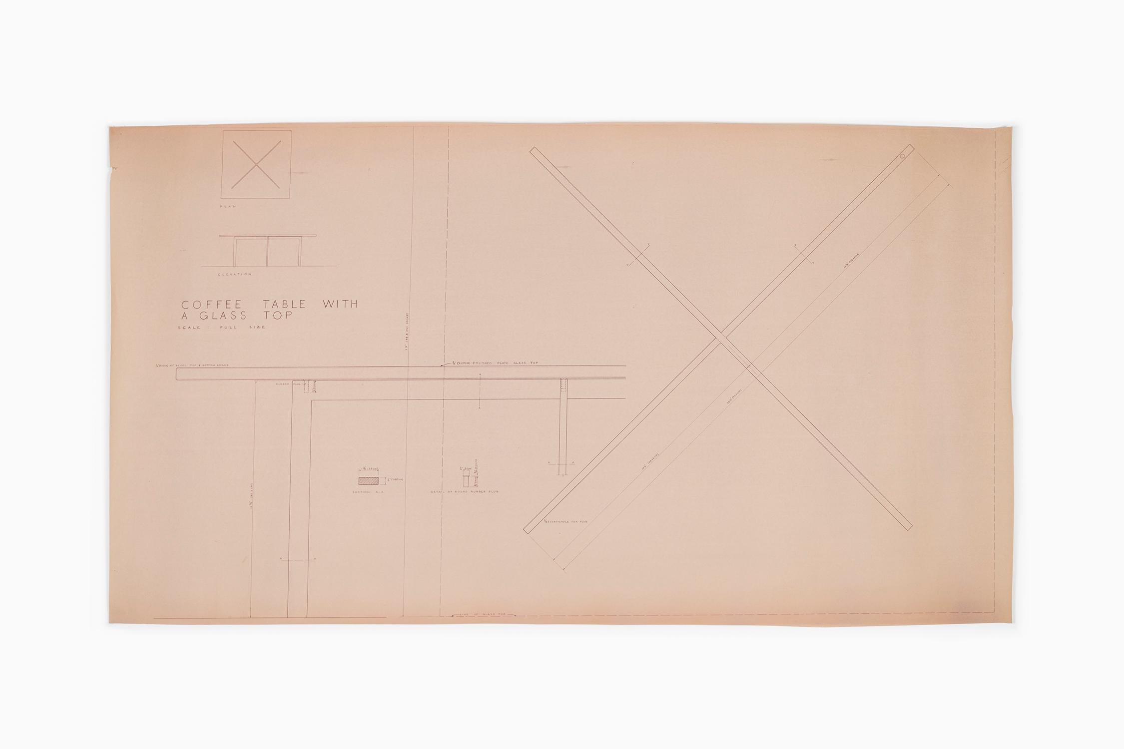 Coffee table design drawing

The Office of Mies van der Rohe

Designed by Ludwig Mies van der Rohe in 1930 for the Tugendhat House in Brno, Czechoslovakia

Delineated by Edward A. Duckett, circa 1950s

Blue line print

Measures: 35 ½” H x