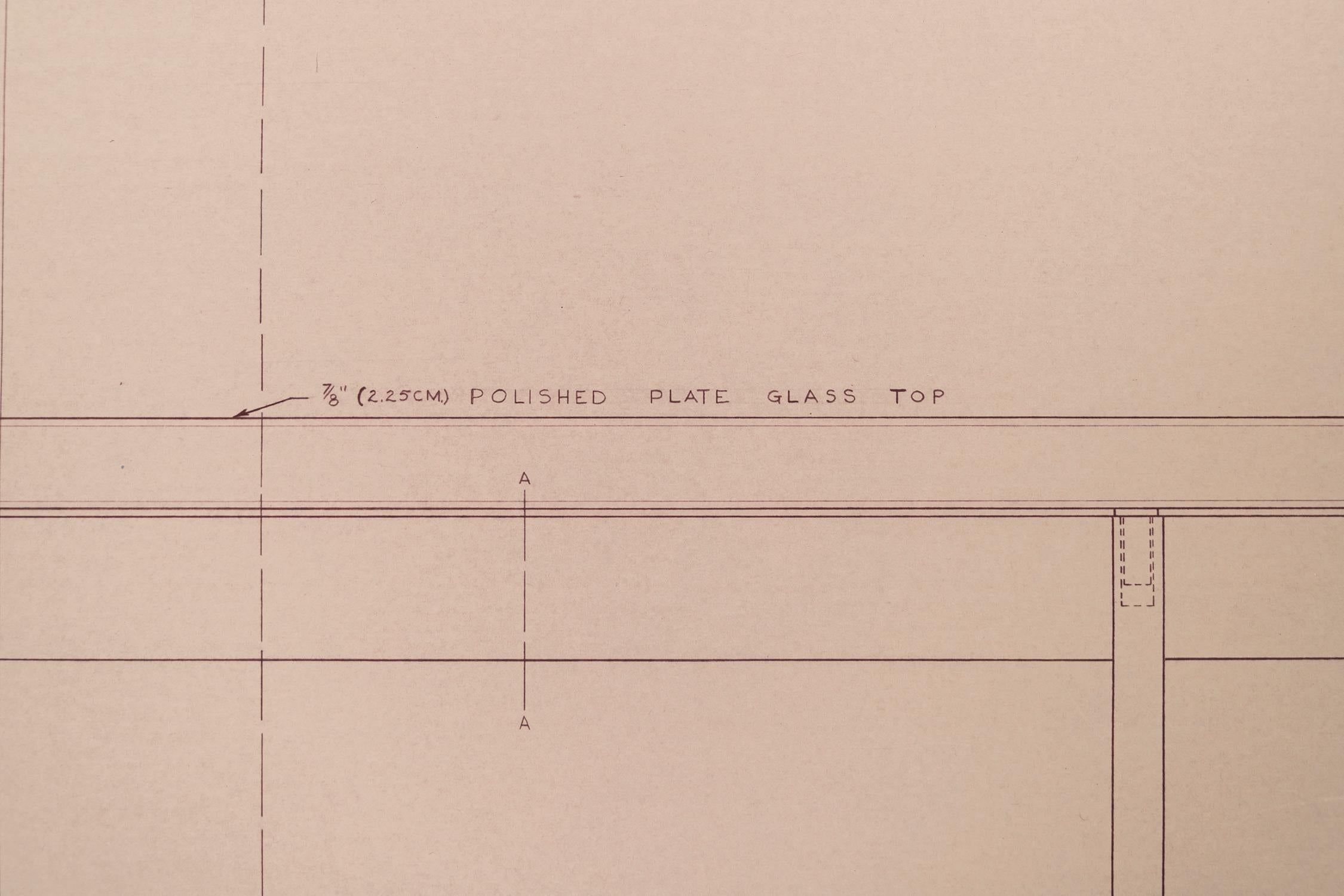 American Mies van der Rohe Design Drawing, Coffee Table with Glass Top For Sale