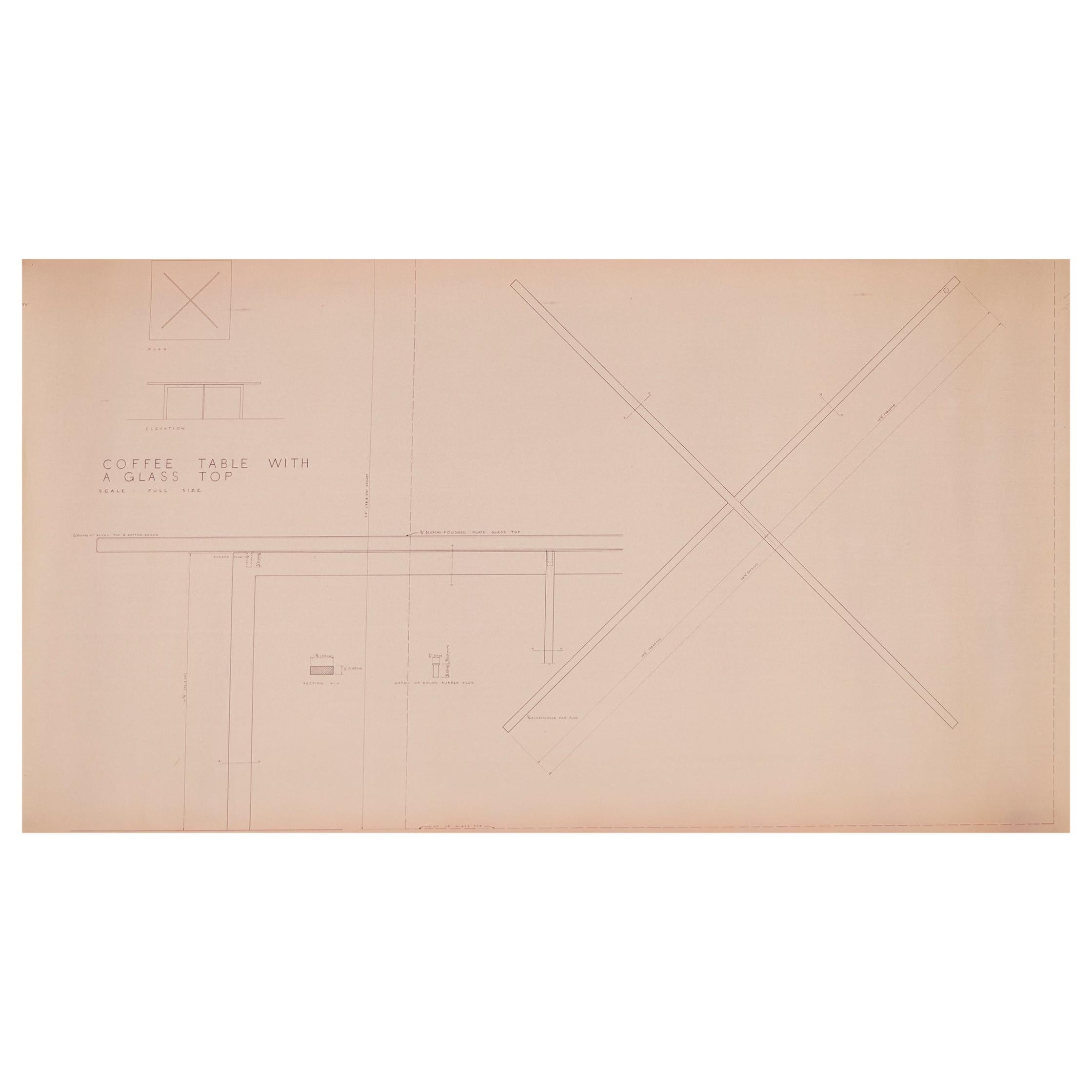 Mies van der Rohe Design Drawing, Coffee Table with Glass Top For Sale