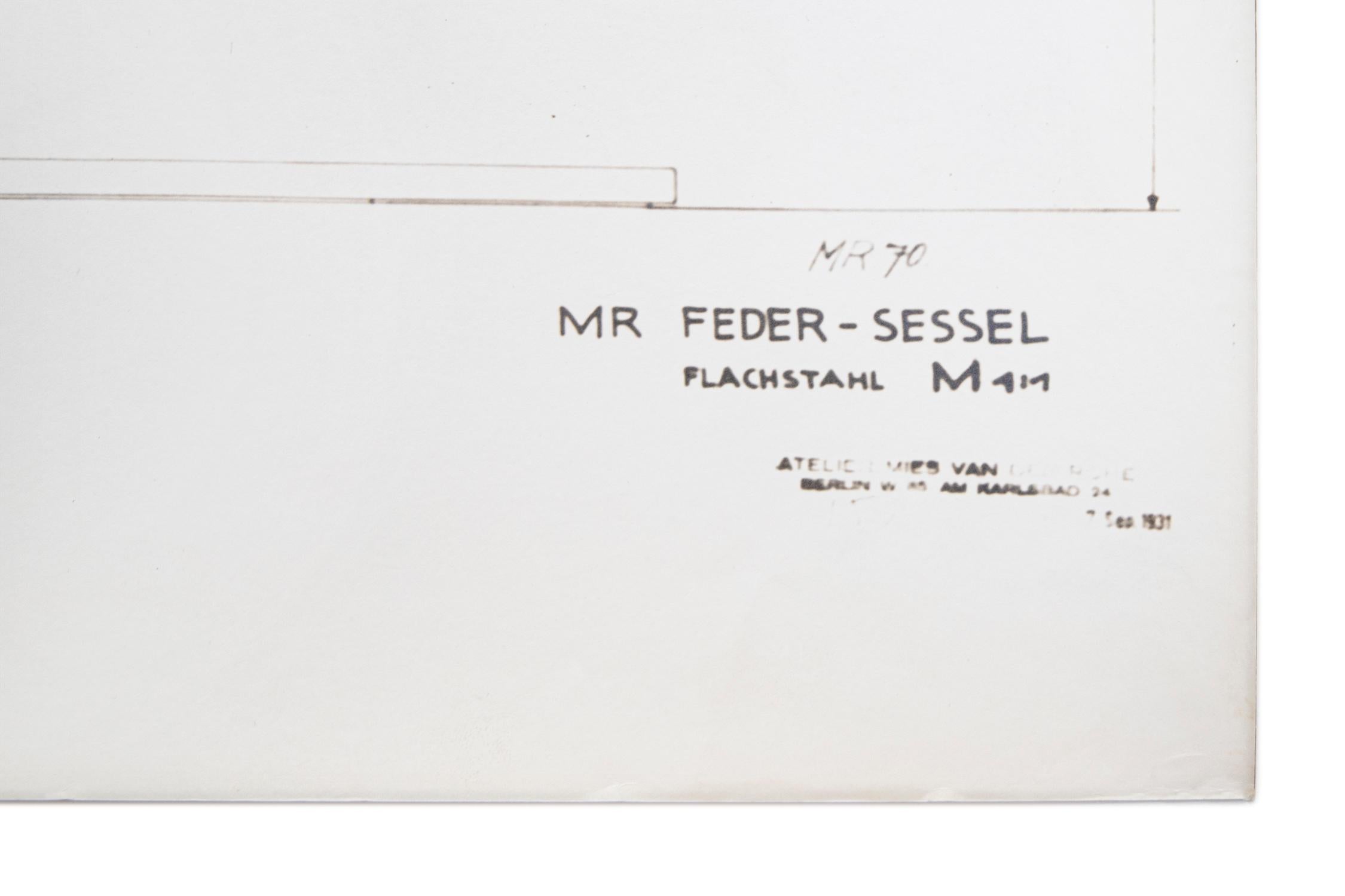 Mid-Century Modern Mies van der Rohe Design Drawing, MR Feder-Sessel Tugendhat Chair No. 70 For Sale
