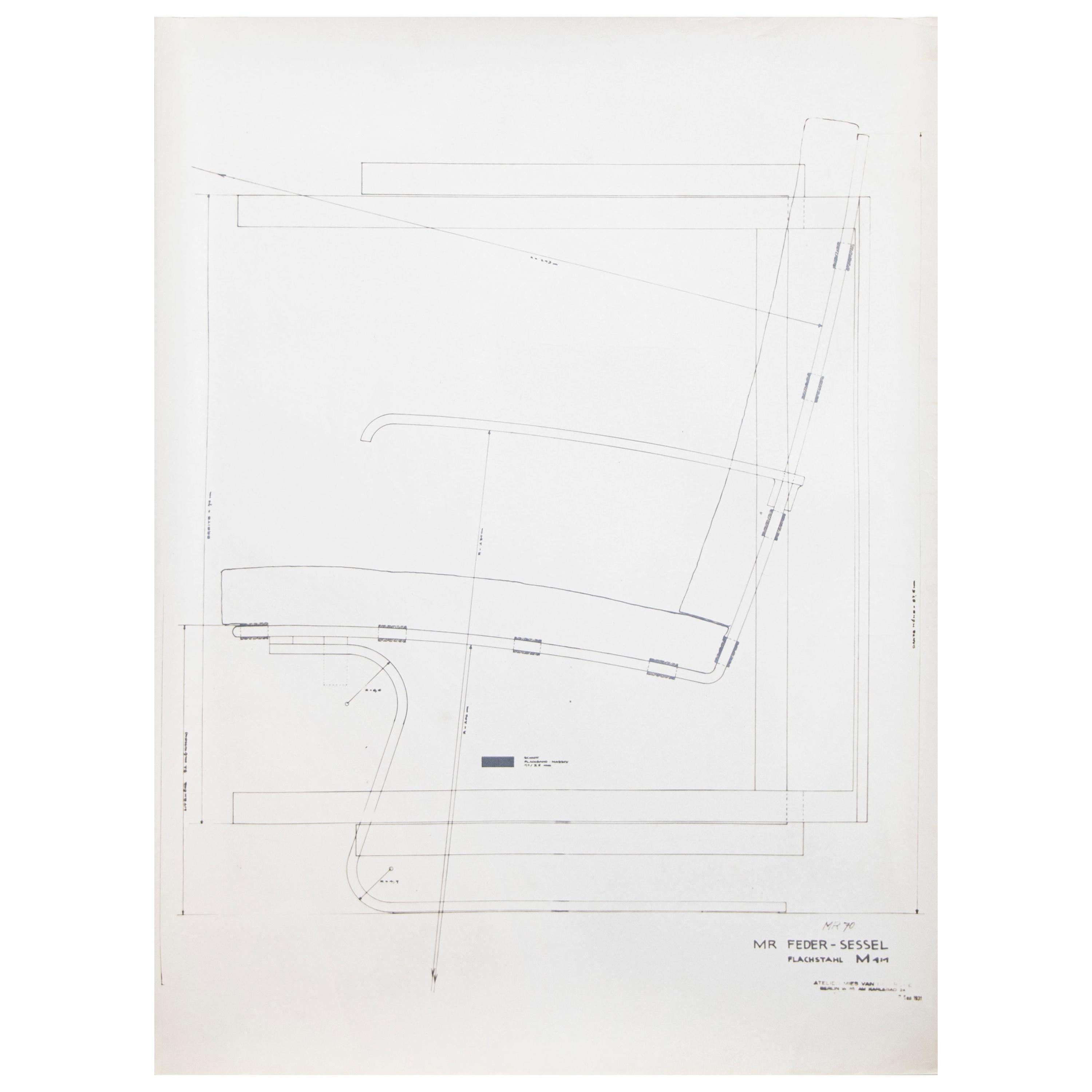 Mies van der Rohe Design Drawing, MR Feder-Sessel Tugendhat Chair No. 70 For Sale