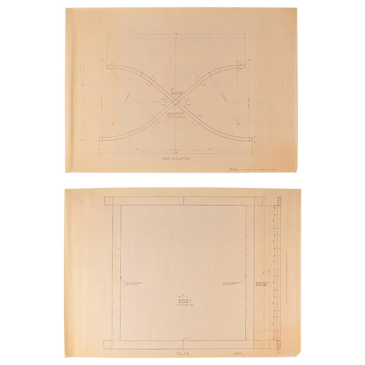 Mies van der Rohe Design Drawing, Stool, Plan and End Elevation For Sale
