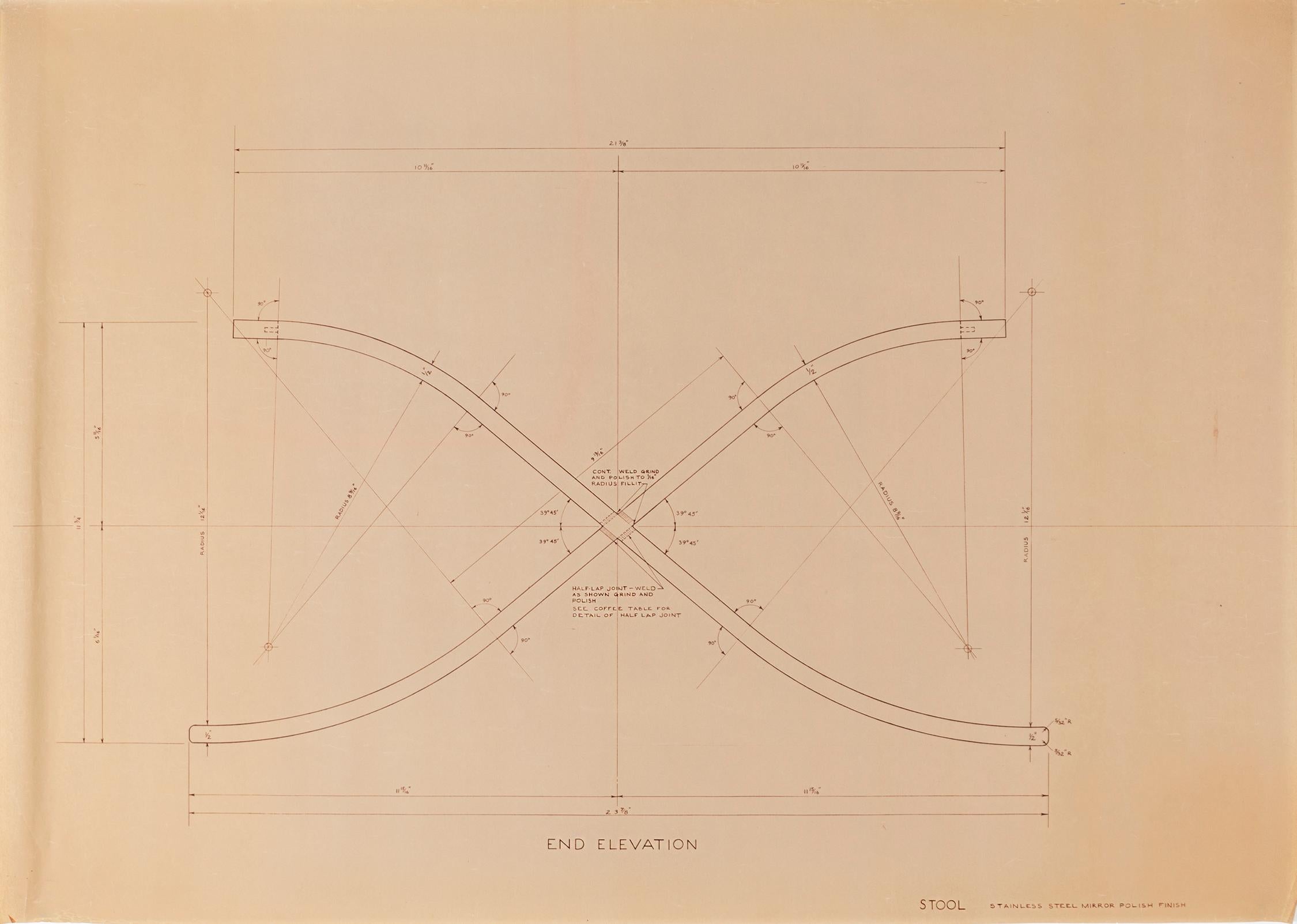 Pair of stool design drawings

The office of Mies van der Rohe

Designed by Ludwig Mies van der Rohe in 1929 for the German Pavilion, Barcelona, Spain

Unknown delineator, Office of Mies van der Rohe

Sepia print

Measures: 26” H x 36” W,