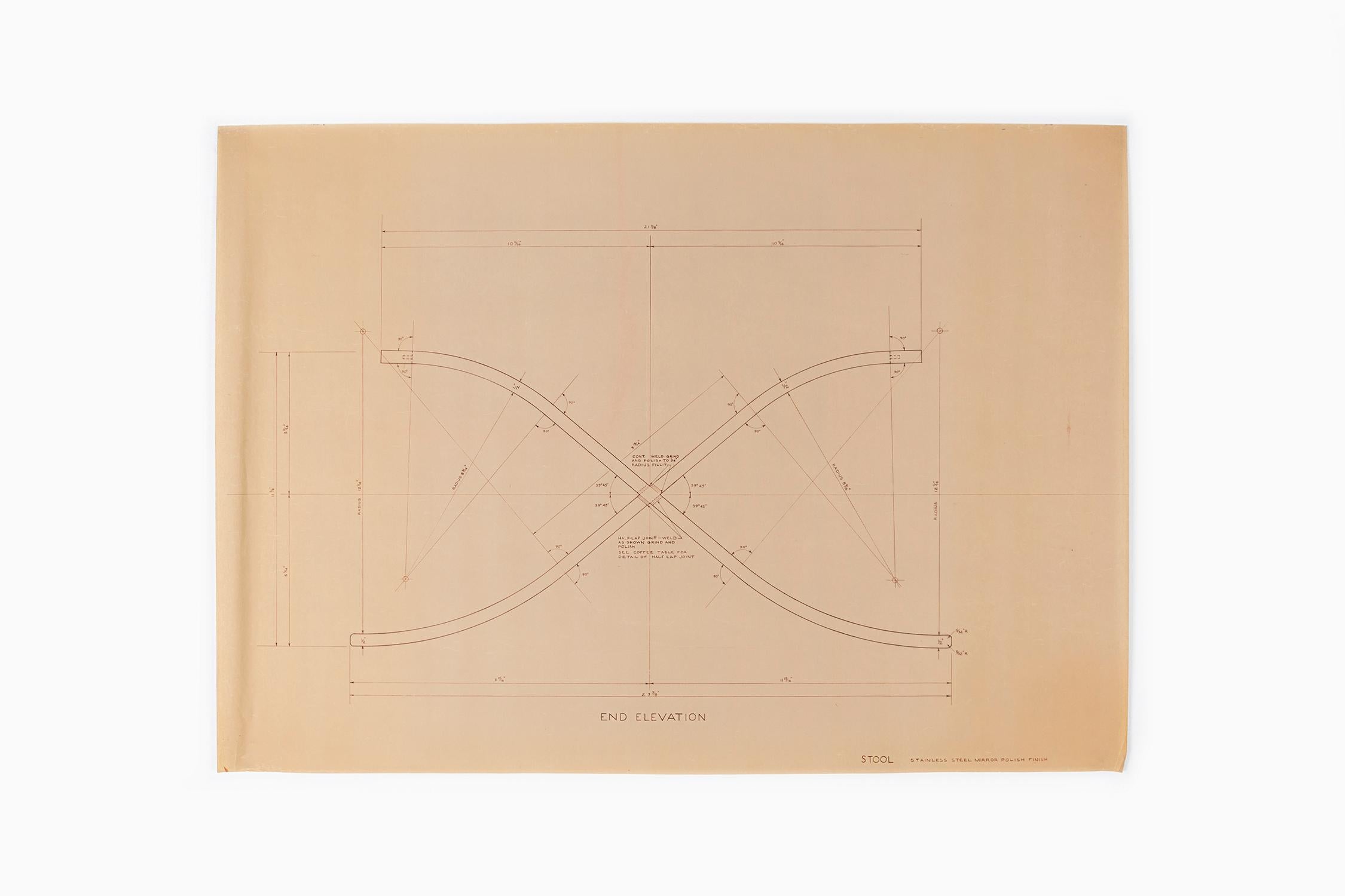 Mid-Century Modern Mies van der Rohe Design Drawing, Stool, Plan and End Elevation For Sale