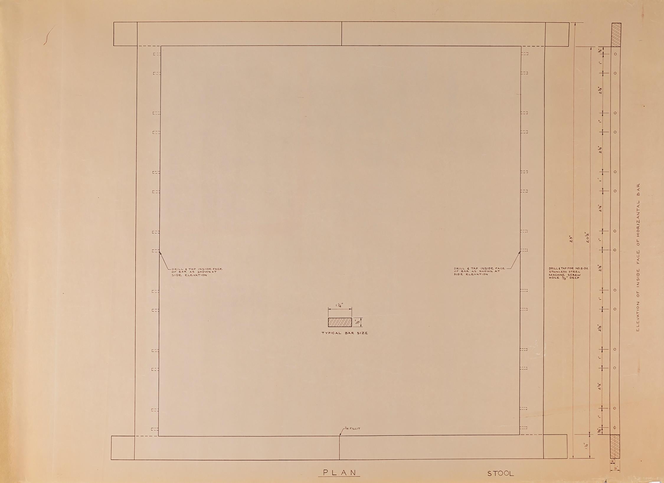 Paper Mies van der Rohe Design Drawing, Stool, Plan and End Elevation For Sale