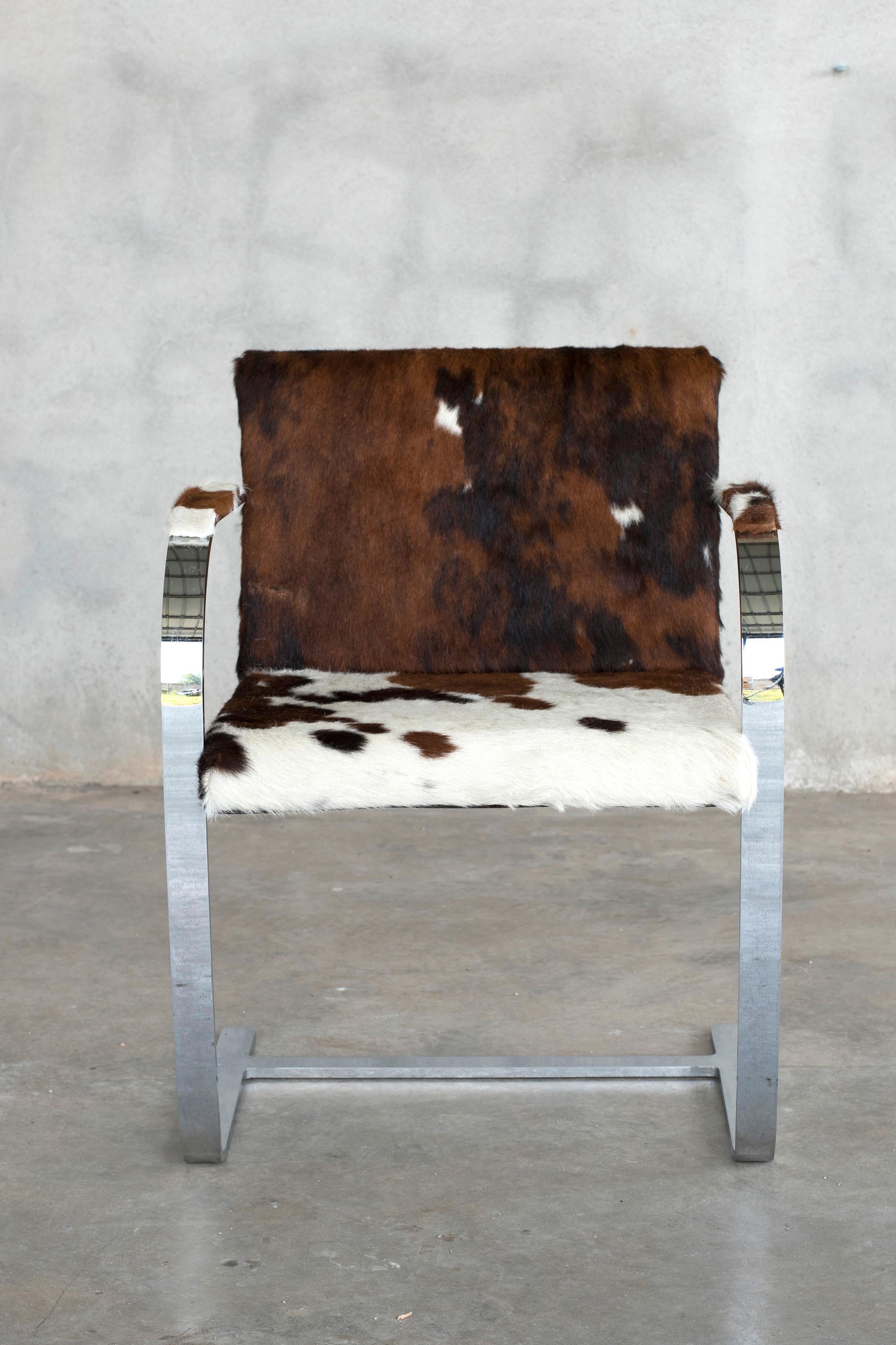 Modern Mies van der Rohe Flat Chromed Steel for Knoll Cow Fur 255 Brno Chairs For Sale