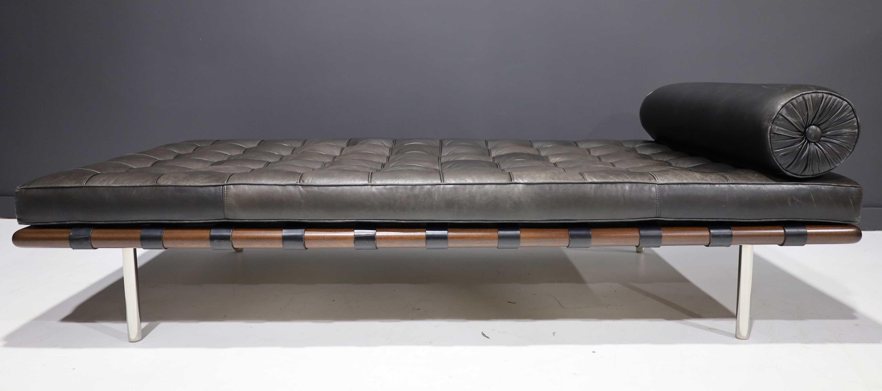 From an important collection, 1960's Knoll Barcelona daybed. Leather is nicely patinaed and soft. Walnut base, steel legs.
